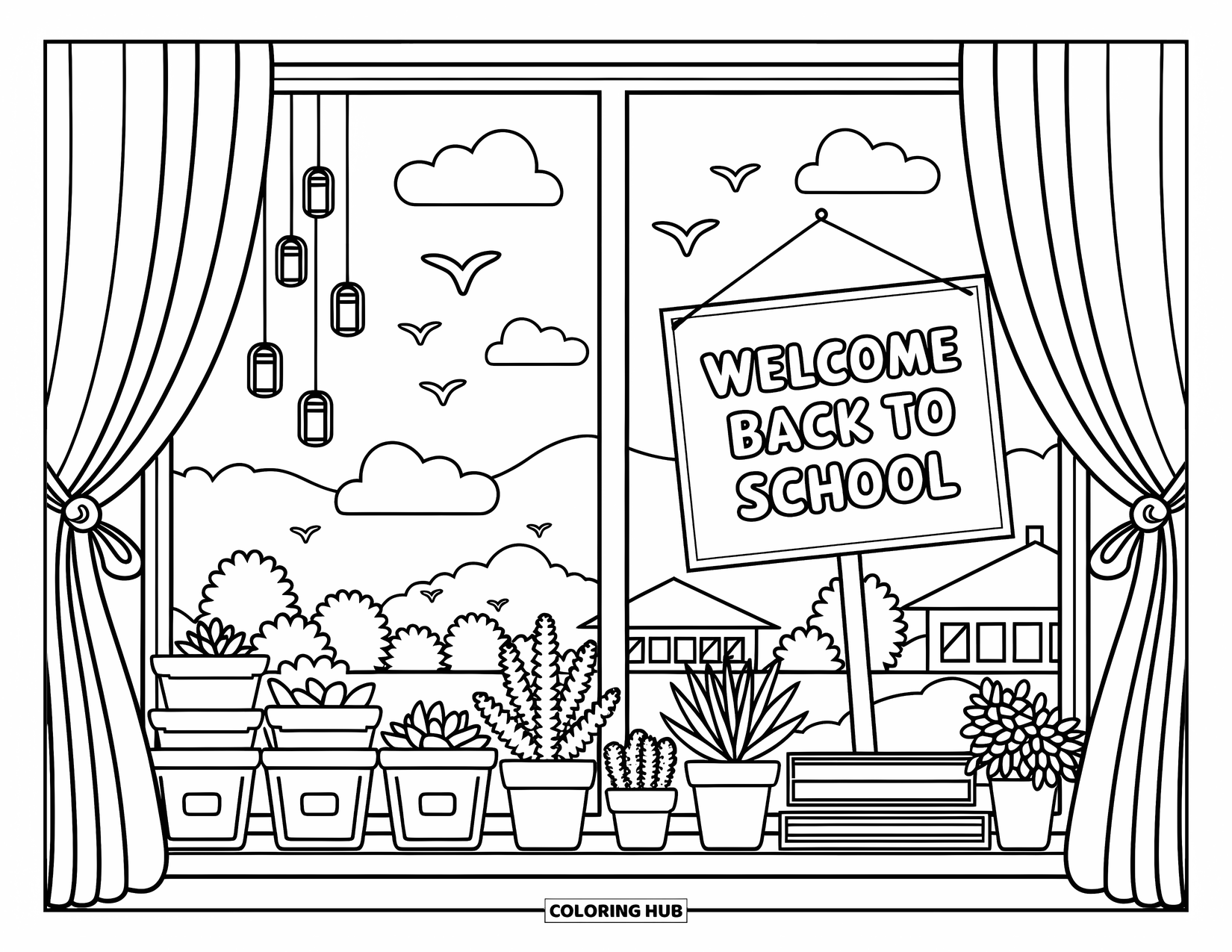 Welcome Back To School Coloring Page for Adults: Classroom window view with plants, wind chimes, and a "Welcome Back to School" sign