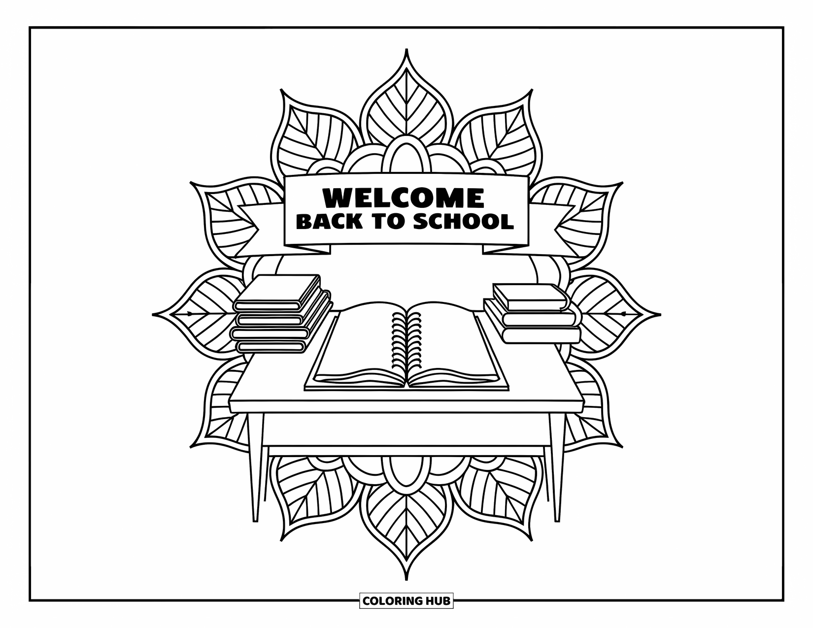 Welcome Back To School Coloring Page for Adults: Desk with open planner and books surrounded by mandala leaves