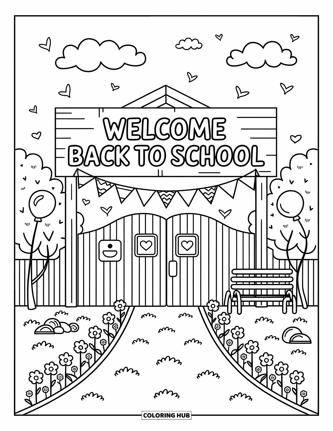 Welcome Back To School Coloring Page for Adults: Flags and balloons at the school gate with "Welcome Back to School" sign