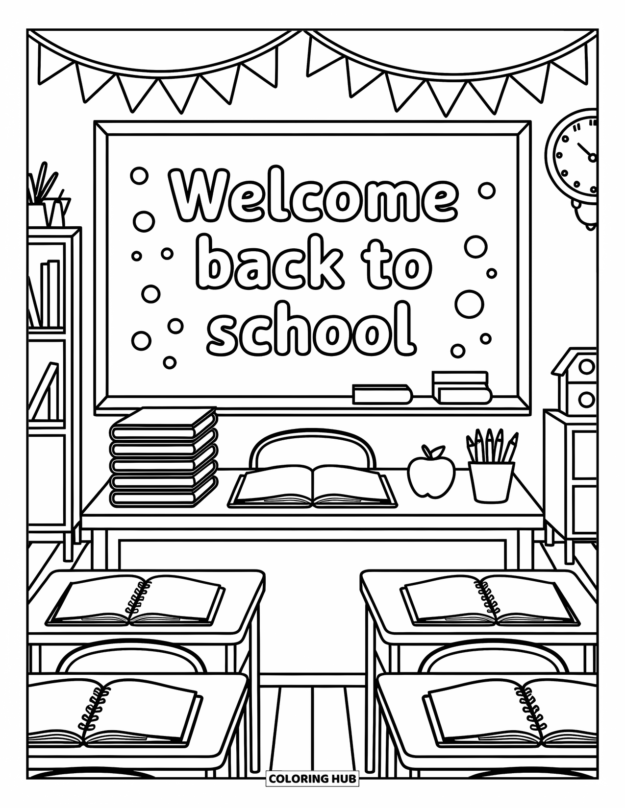 Welcome Back To School Coloring Page for Adults: Garland, clock, and teacher's desk under a chalkboard with "Welcome Back to School"