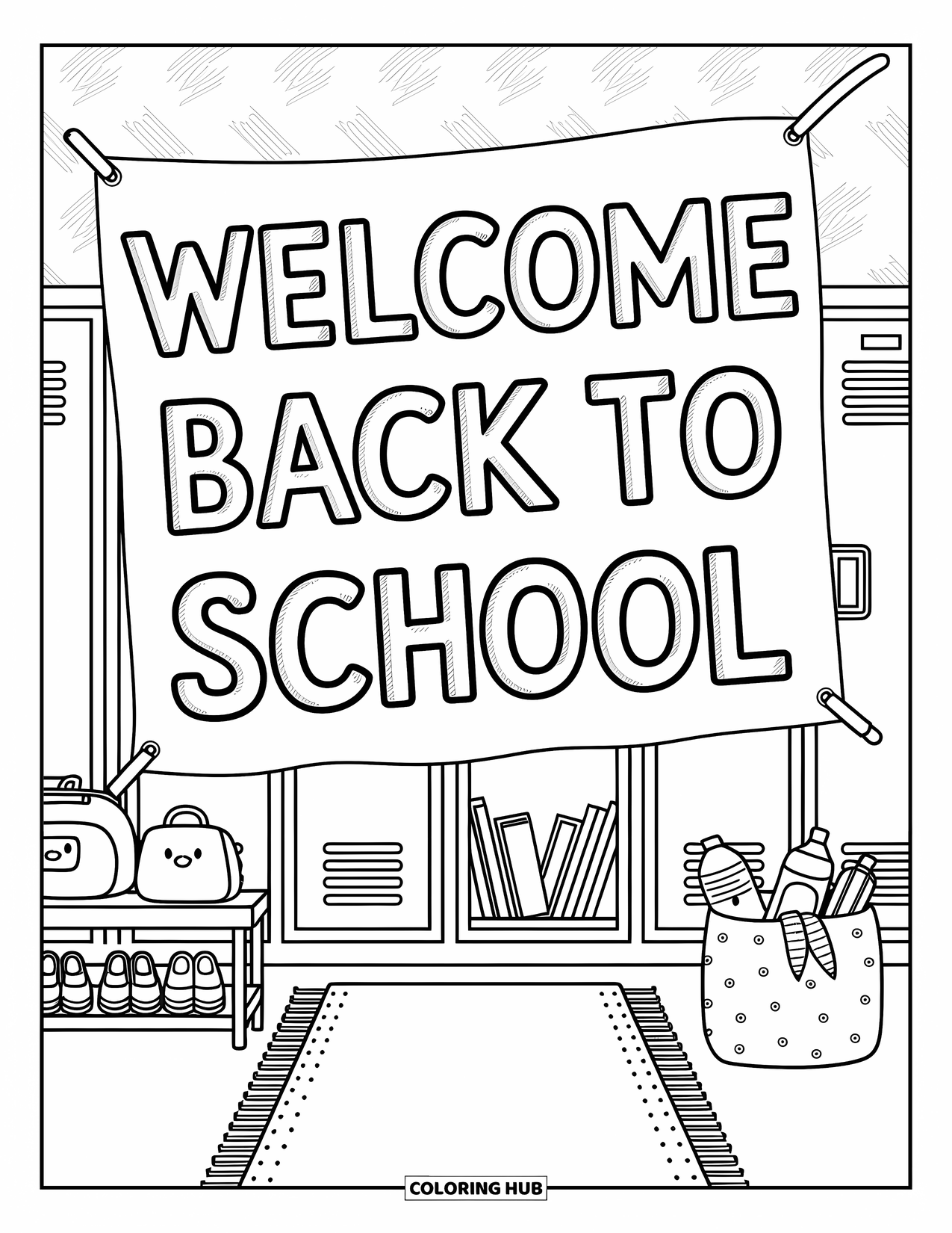 Welcome Back To School Coloring Page for Adults: Lockers with banner, open doors, and cheerful "Welcome Back to School" details