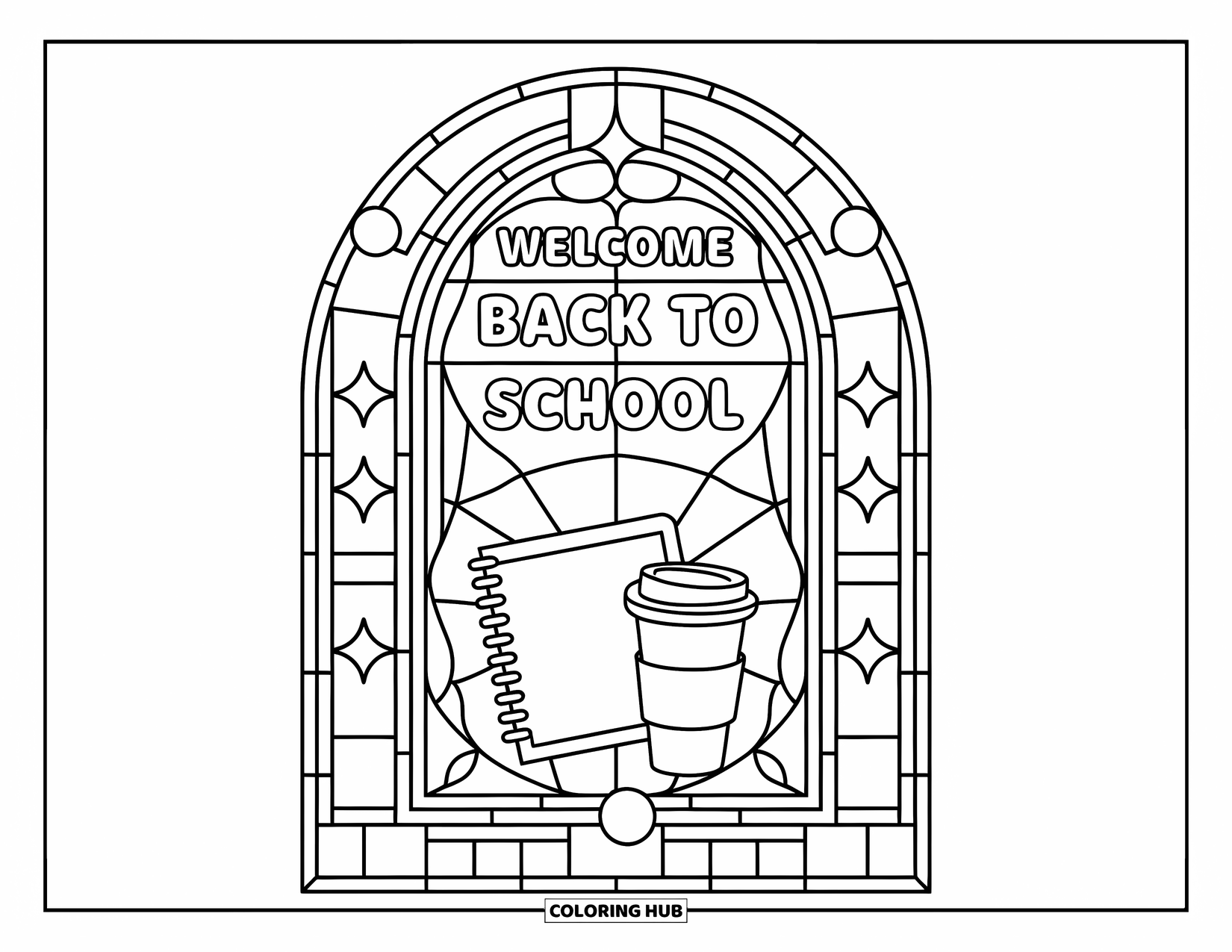 Welcome Back To School Coloring Page for Adults: Planner and coffee cup framed in stained glass with "Welcome Back to School"