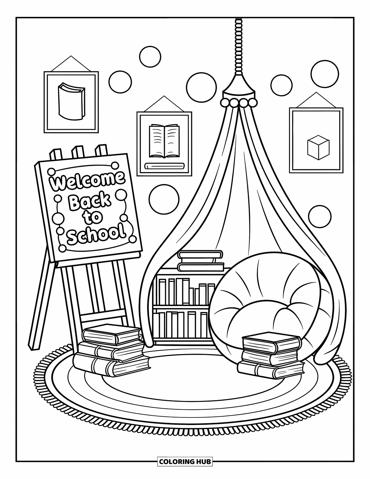 Welcome Back To School Coloring Page for Adults: Plush cushions, book cart, and an easel saying "Welcome Back to School"