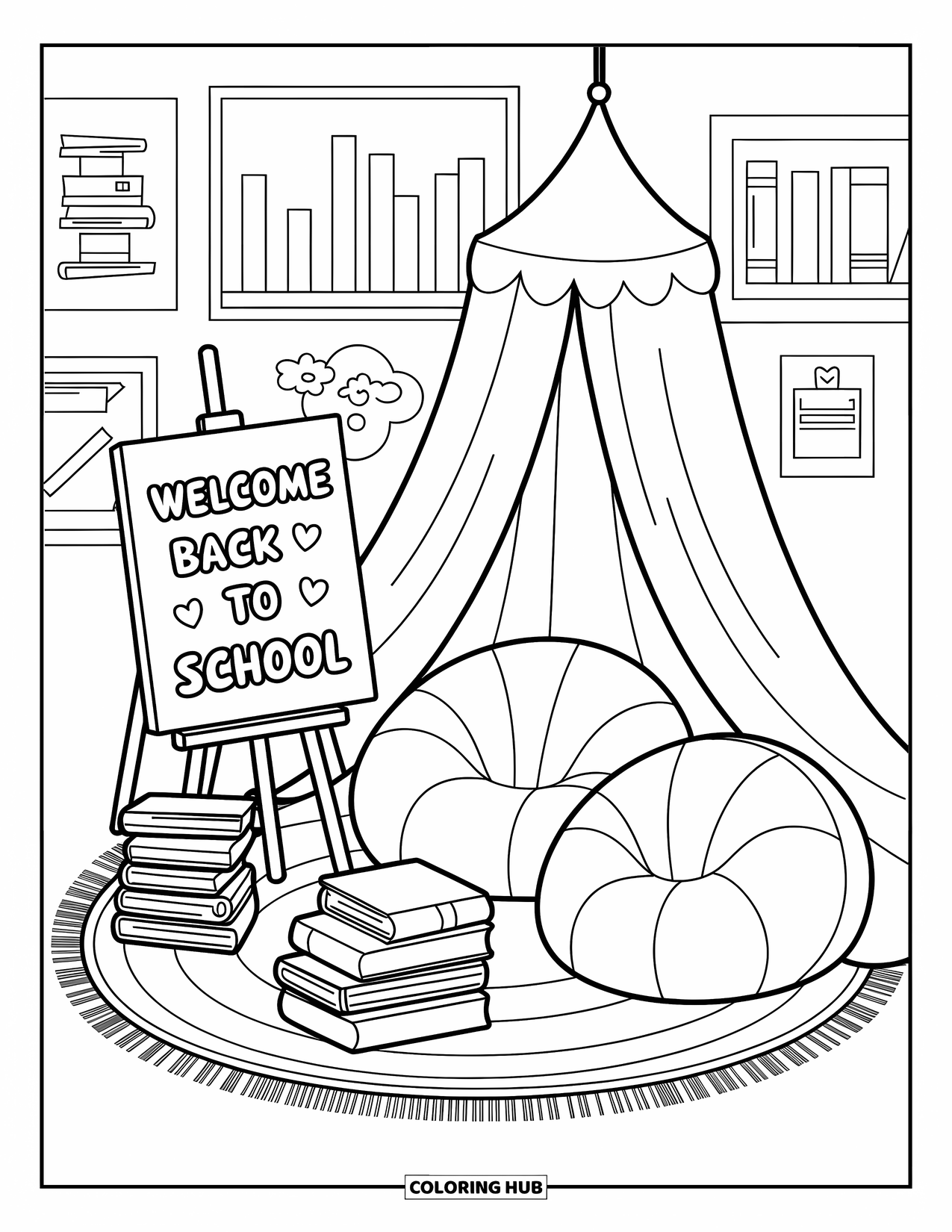 Welcome Back To School Coloring Page for Adults: Reading corner with beanbags, books, and "Welcome Back to School" sign