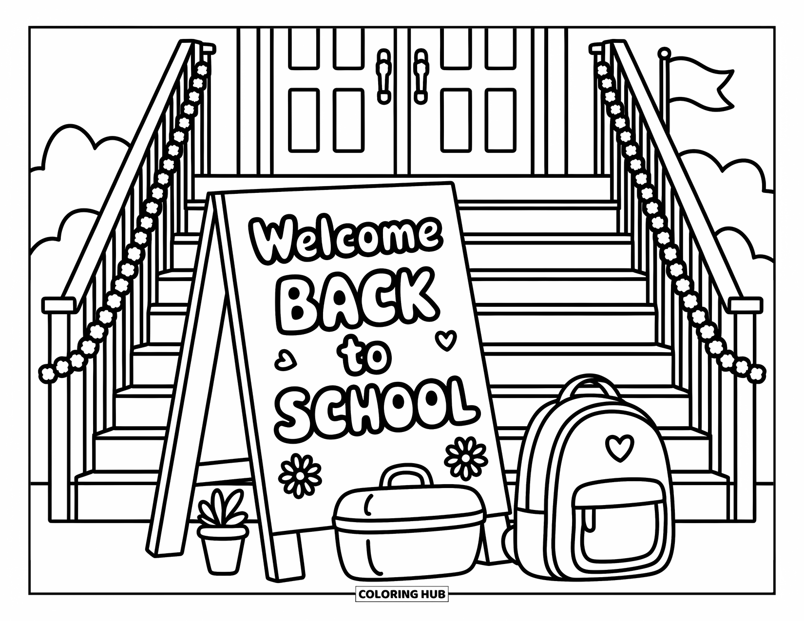 Welcome Back To School Coloring Page for Adults: School entrance with flag, backpack, and a sign reading "Welcome Back to School"