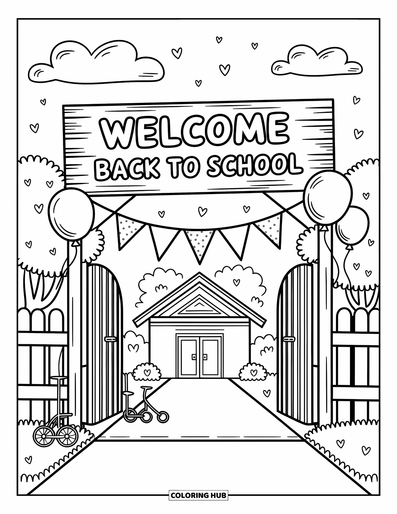 Welcome Back To School Coloring Page for Adults: School gate with balloons, flags, and a "Welcome Back to School" sign
