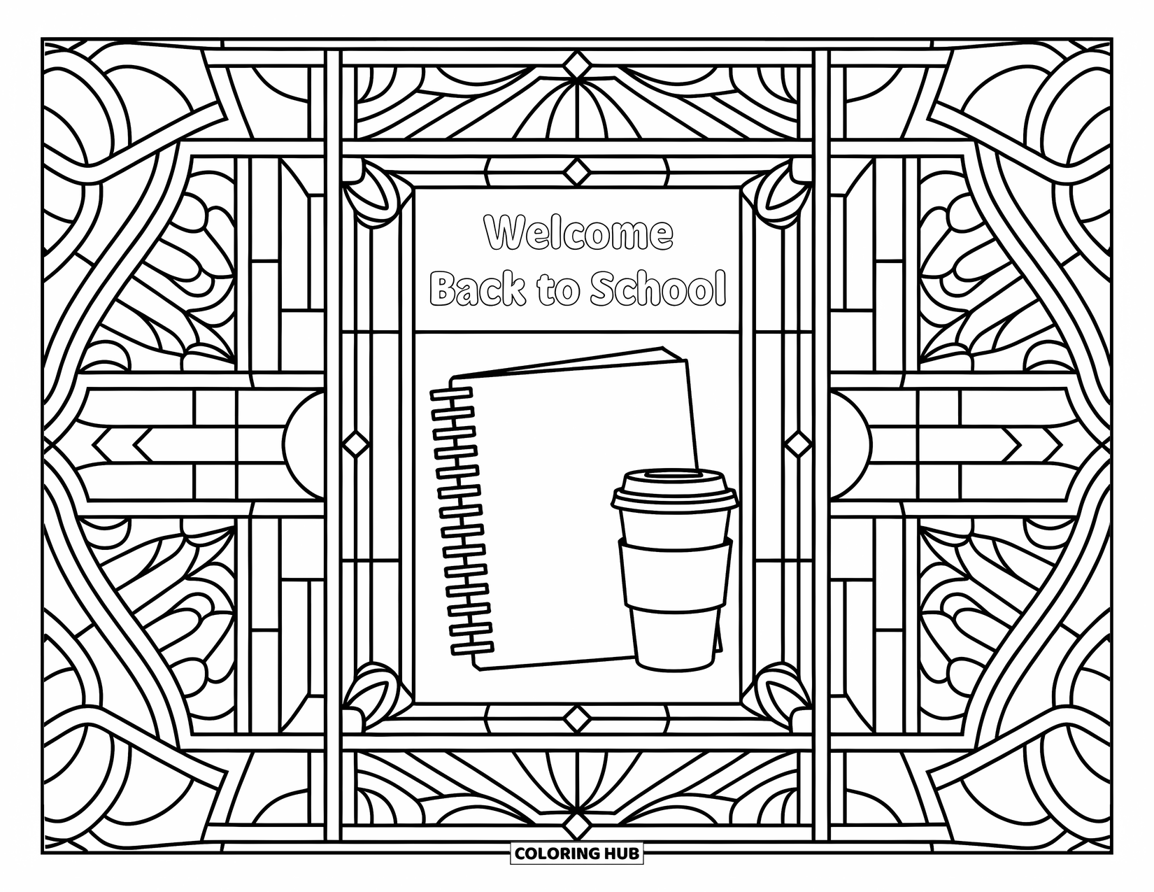 Welcome Back To School Coloring Page for Adults: Stained glass frame with planner, cup, and "Welcome Back to School" text