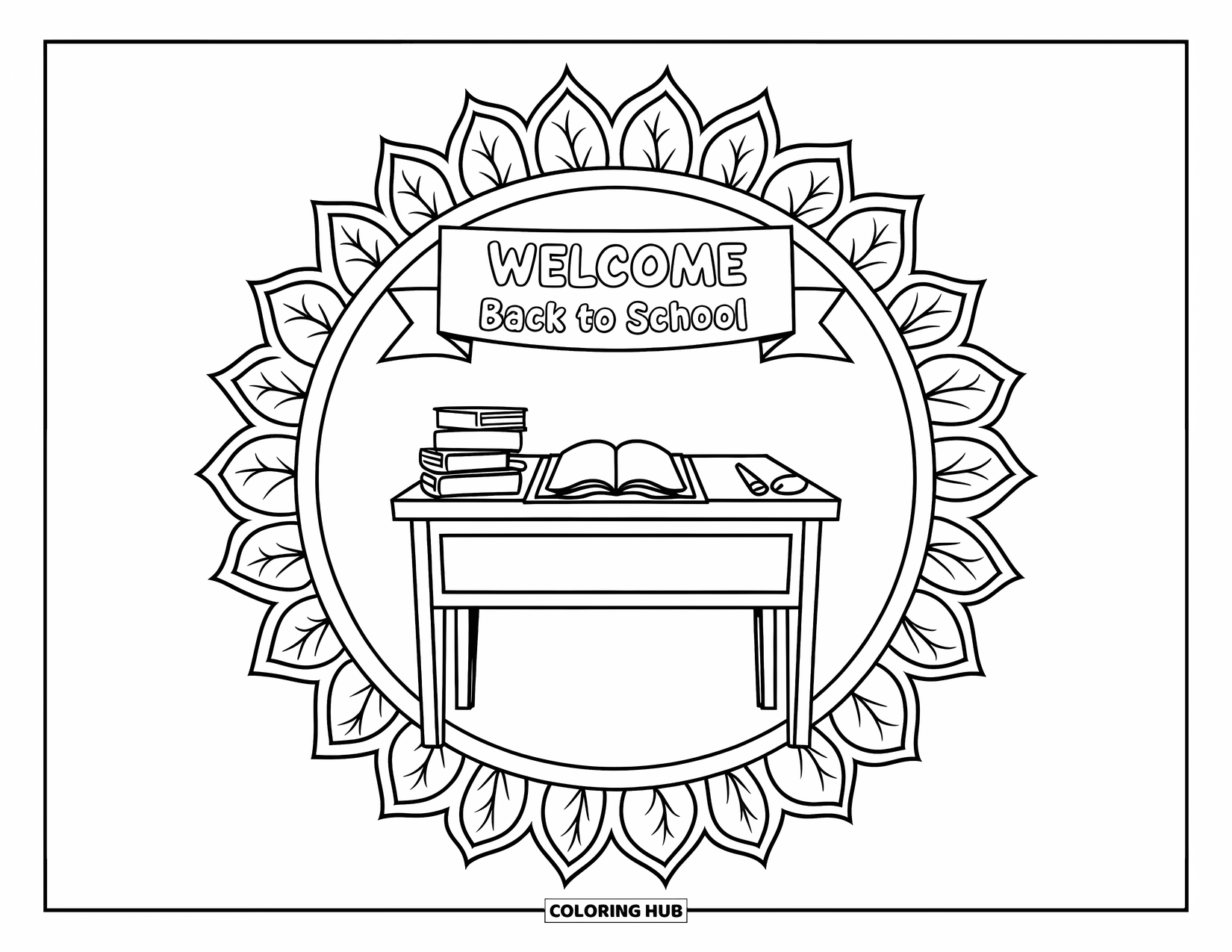 Welcome Back To School Coloring Page for Adults: Teacher's desk with books and planner under a "Welcome Back to School" banner