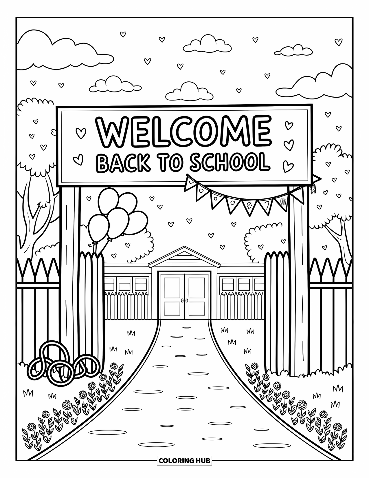 Welcome Back To School Coloring Page for Adults: Tree-lined path with bike rack and sign saying "Welcome Back to School"