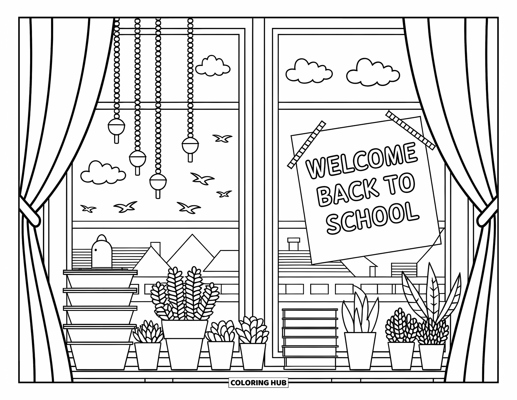 Welcome Back To School Coloring Page for Adults: Window scene with potted plants, ribbon-tied curtain, and "Welcome Back to School" sign