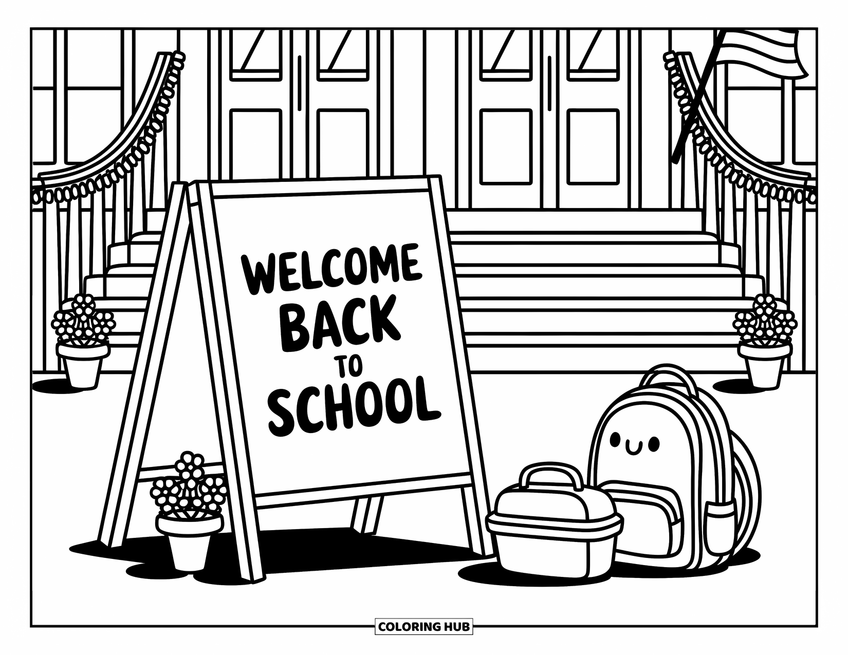 Welcome Back To School Coloring Page for Adults: Wooden signboard with flower pots, backpack, and "Welcome Back to School" text