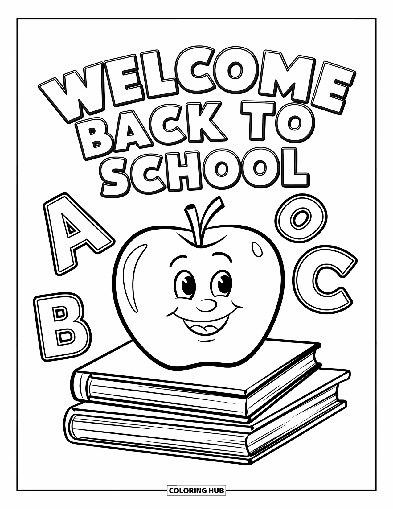 Welcome Back To School Coloring Page for Kids: Apple with floating "ABC" and "Welcome Back to School" text