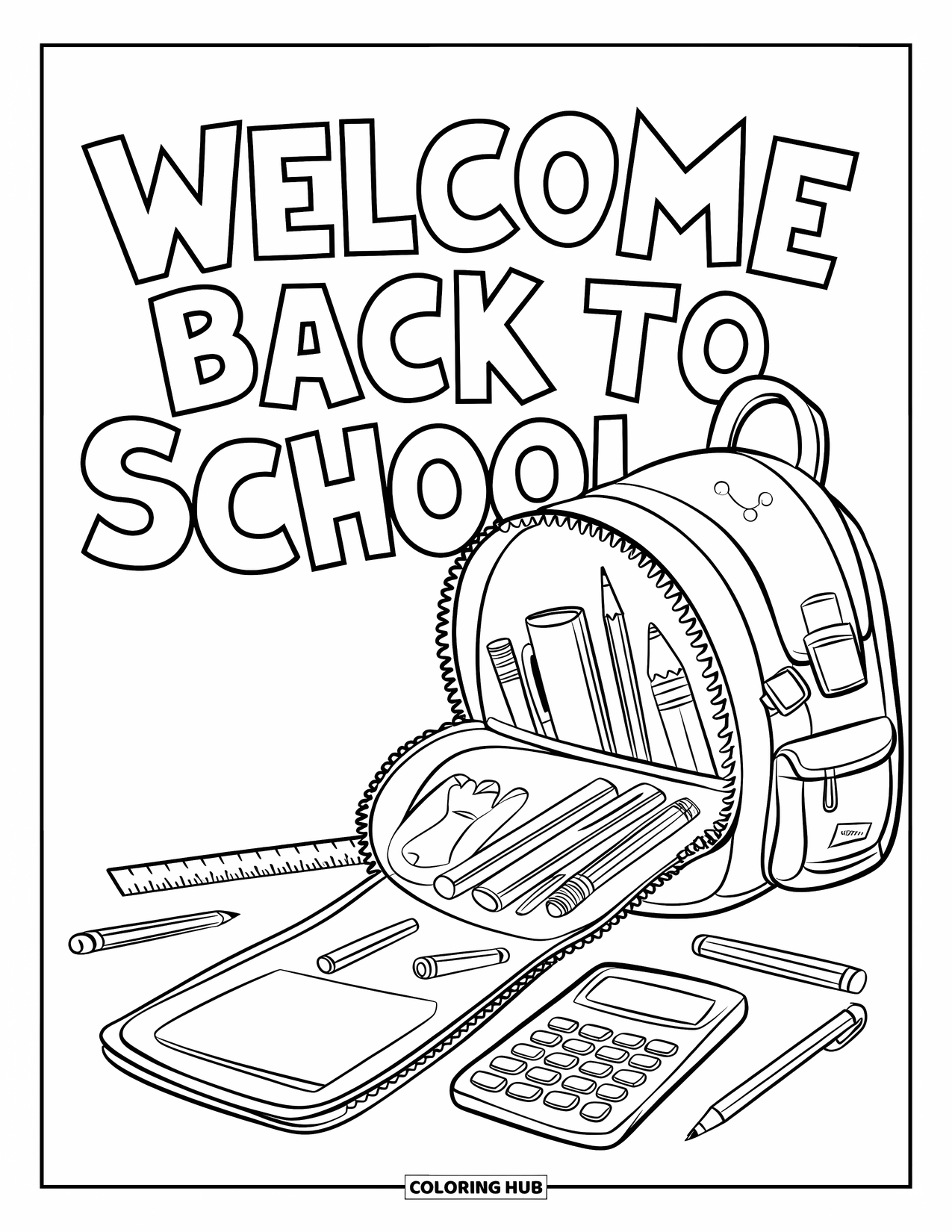 Welcome Back To School Coloring Page for Kids: Backpack spilling supplies with "Welcome Back to School" text