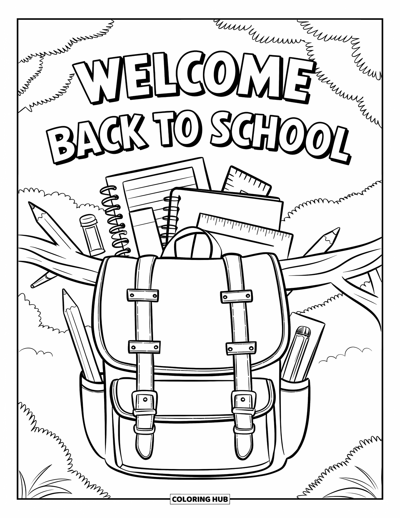 Welcome Back To School Coloring Page for Kids: Backpack tied to tree with "Welcome Back to School" banner