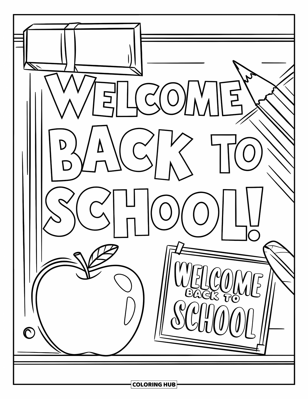 Welcome Back To School Coloring Page for Kids: Bulletin board with apple, pencil, and "Welcome Back to School"
