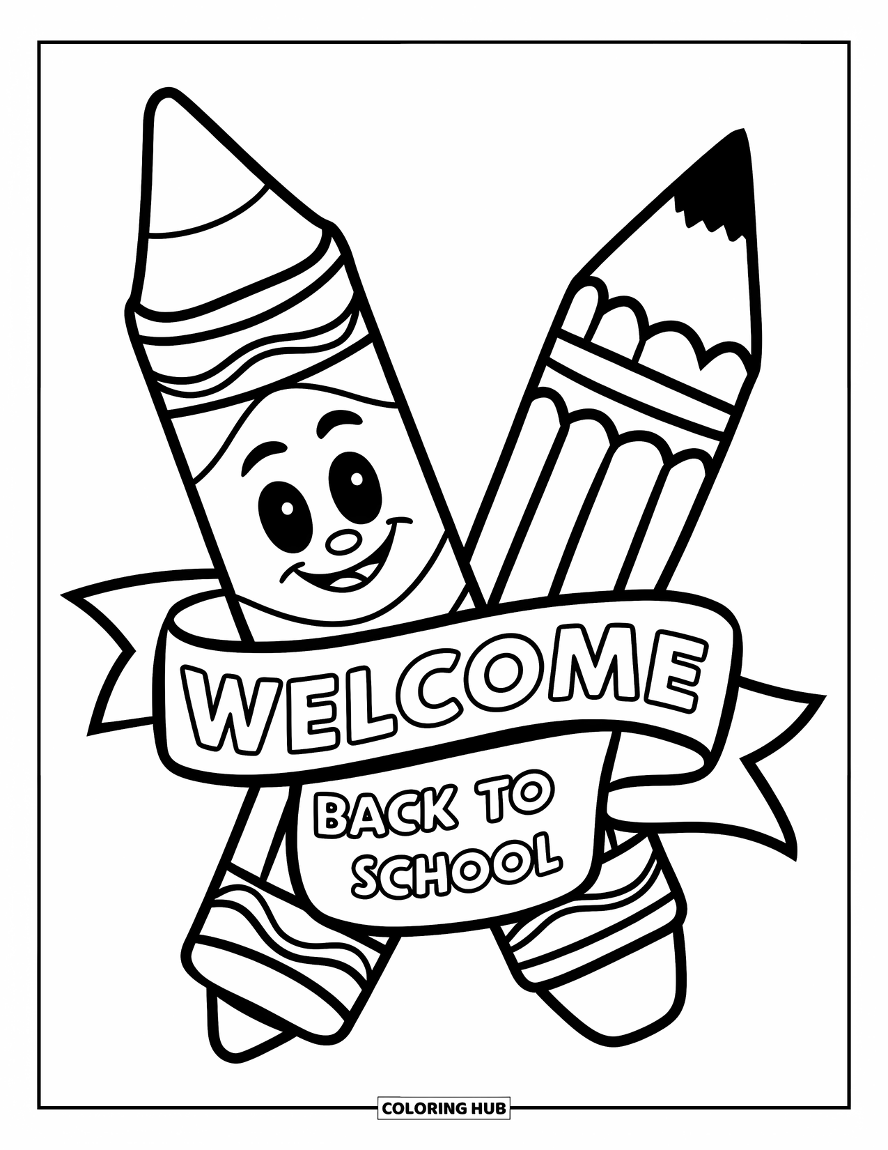 Welcome Back To School Coloring Page for Kids: Crayon, pencil, and characters with "Welcome Back to School" ribbon