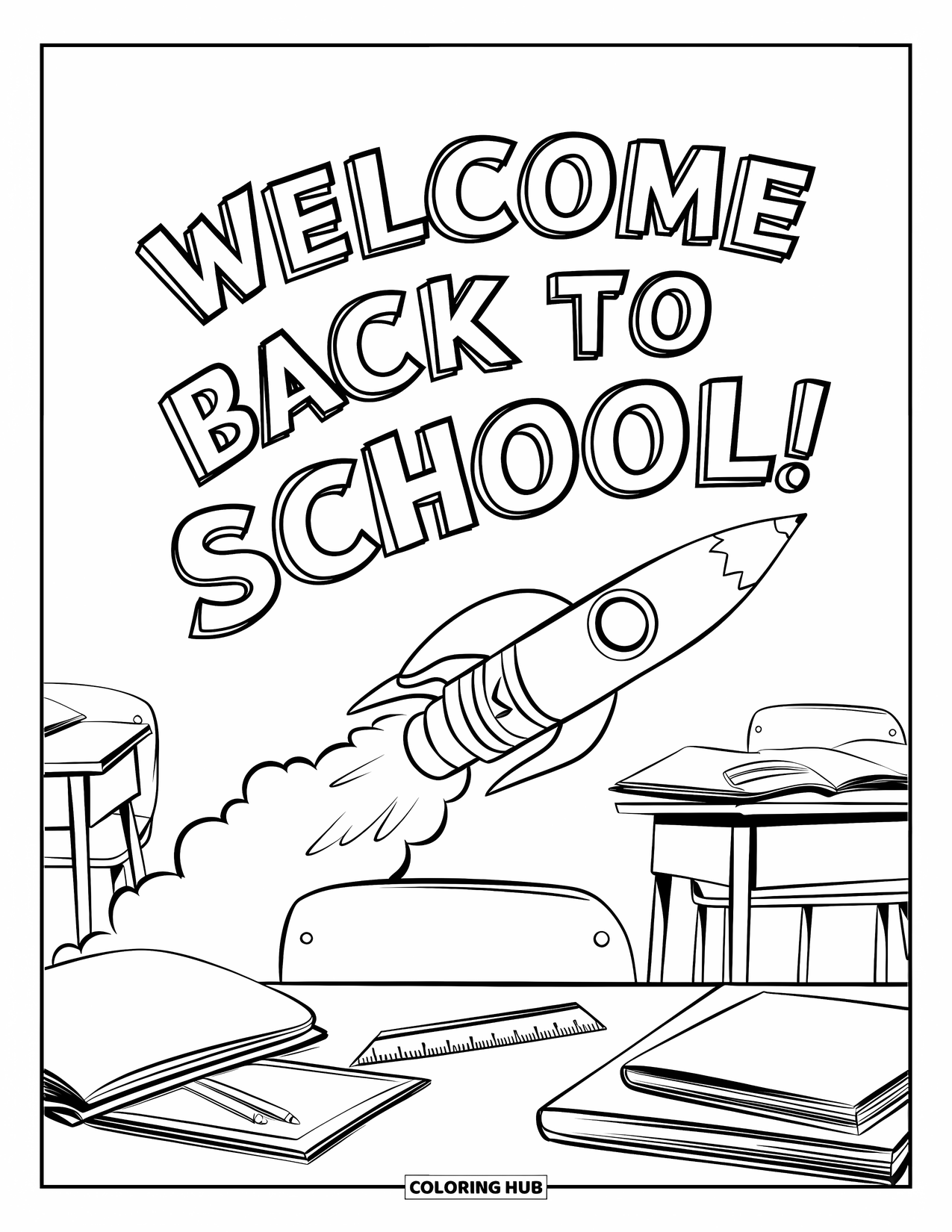 Welcome Back To School Coloring Page for Kids: Flying pencil rocket writing "Welcome Back to School" in smoke