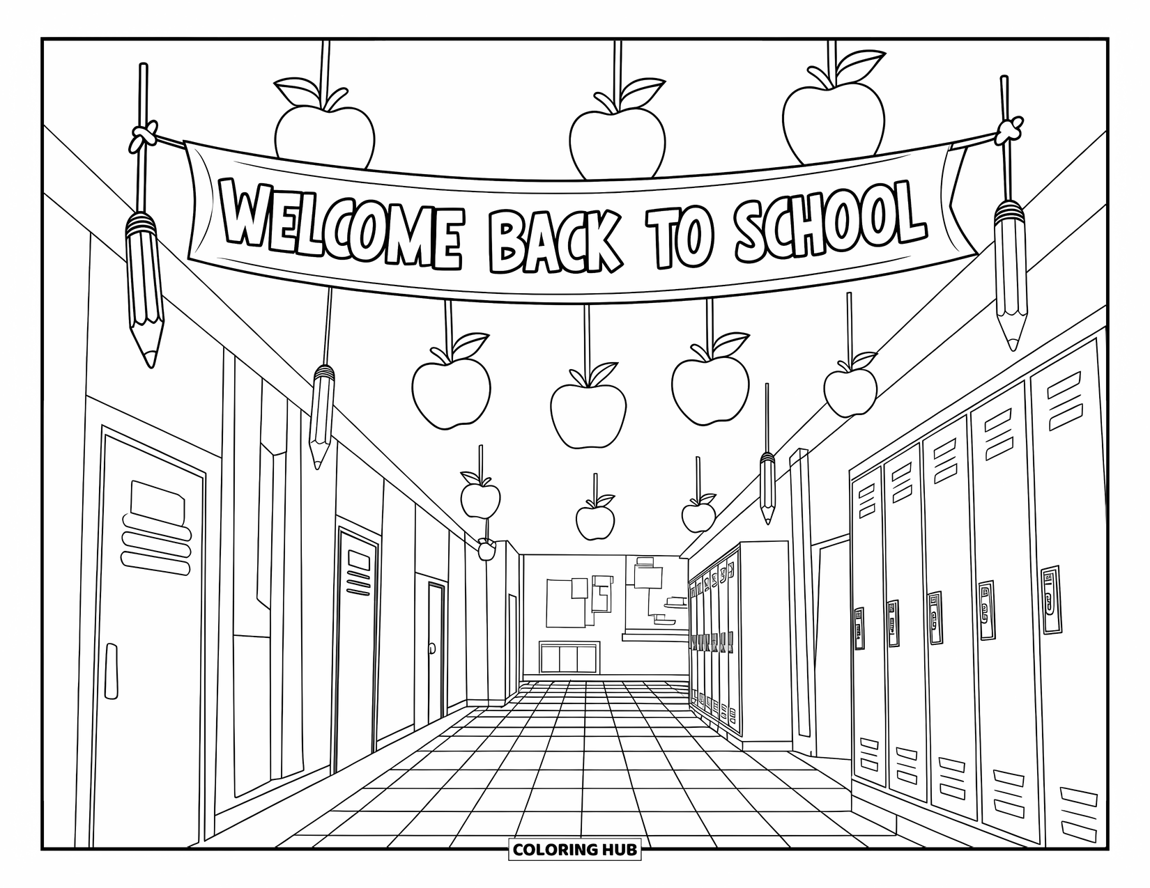 Welcome Back To School Coloring Page for Kids: Hallway with lockers, apples, pencils, and "Welcome Back to School" banner