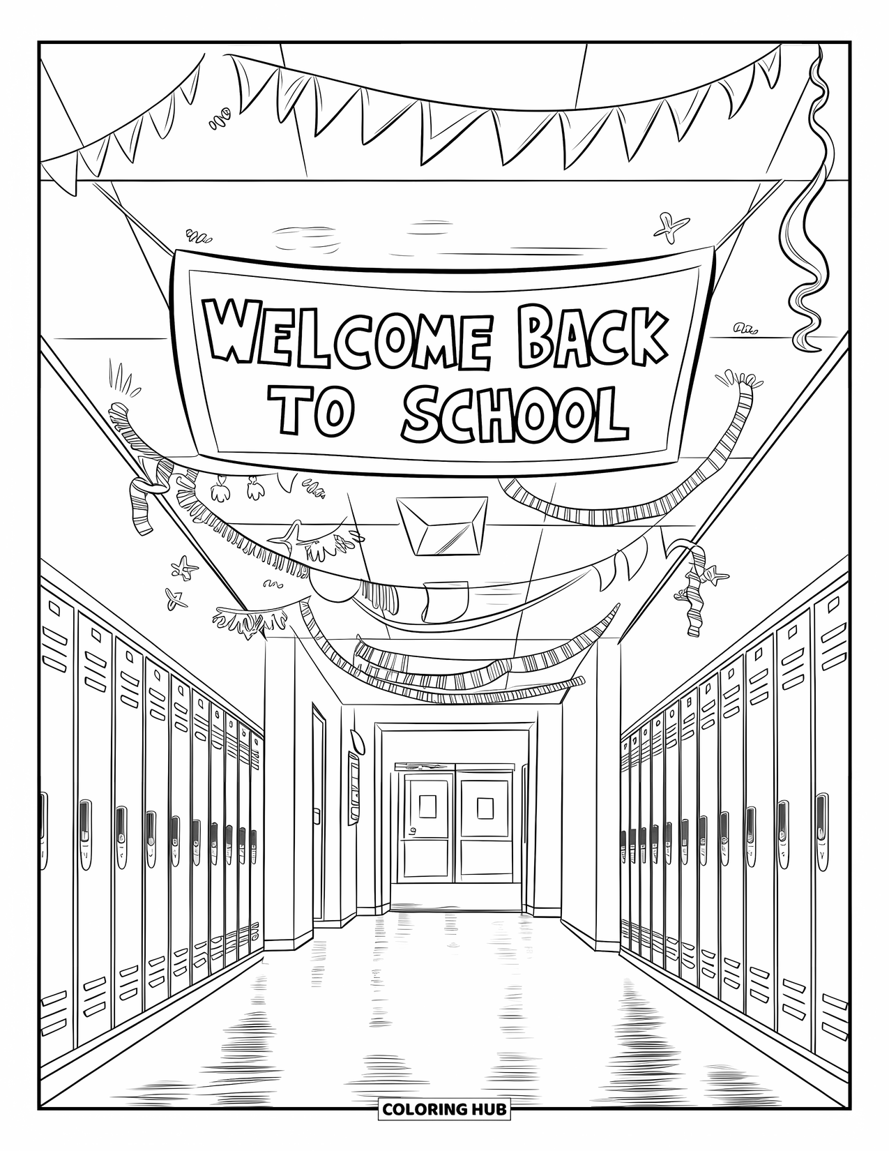 Welcome Back To School Coloring Page for Kids: Locker-lined hallway with streamers and "Welcome Back to School" banner