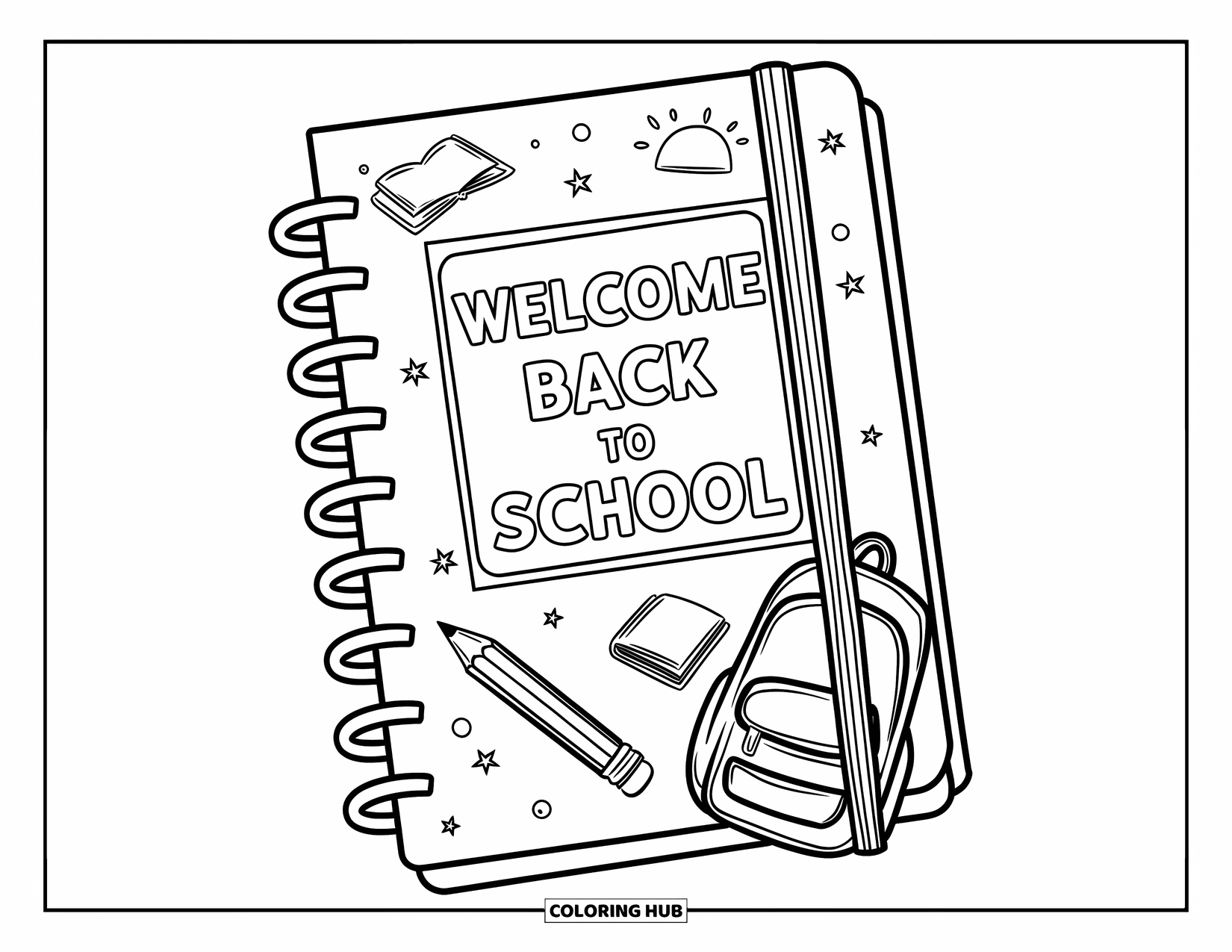 Welcome Back To School Coloring Page for Kids: Notebook decorated with stickers and a "Welcome Back to School" label