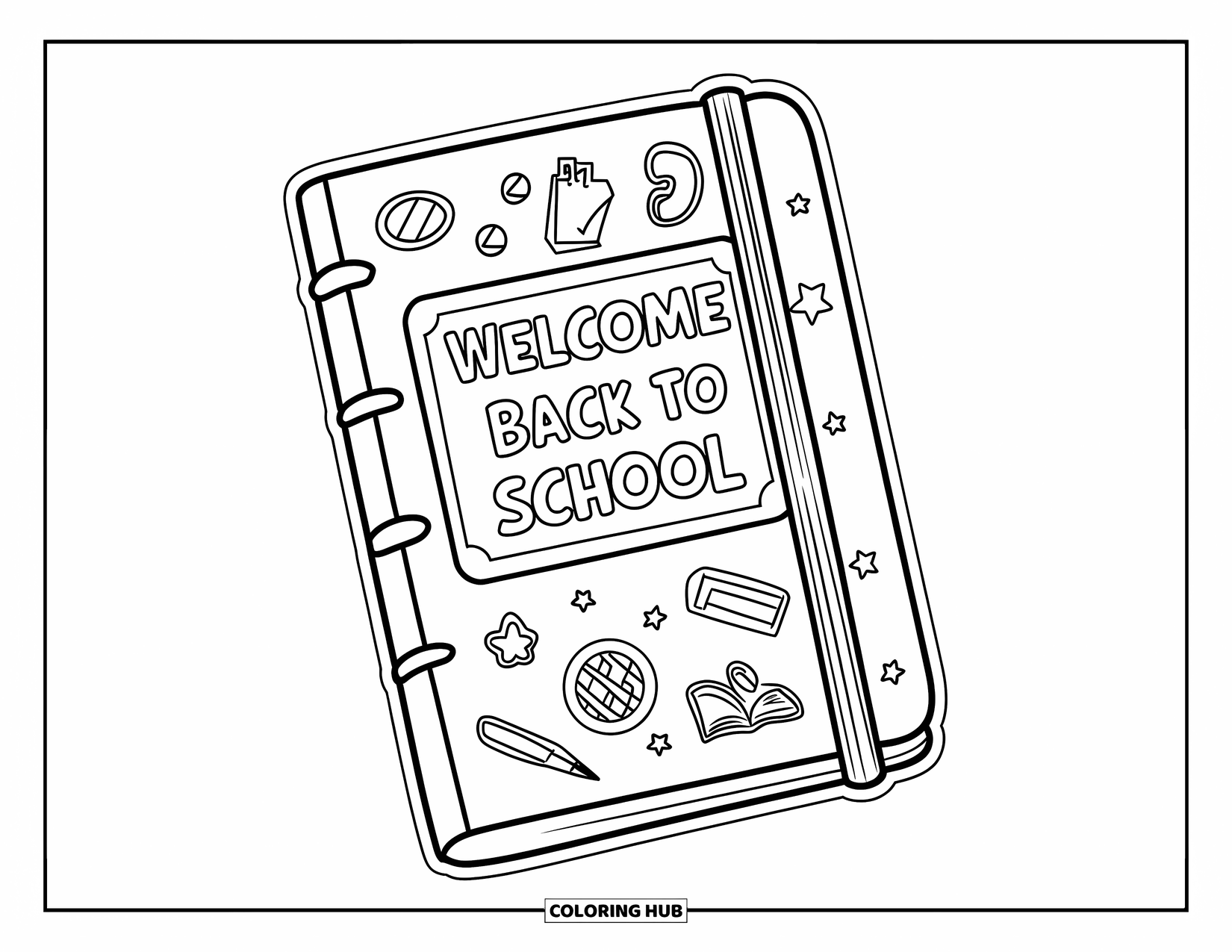 Welcome Back To School Coloring Page for Kids: Notebook with stickers and a label that says "Welcome Back to School"