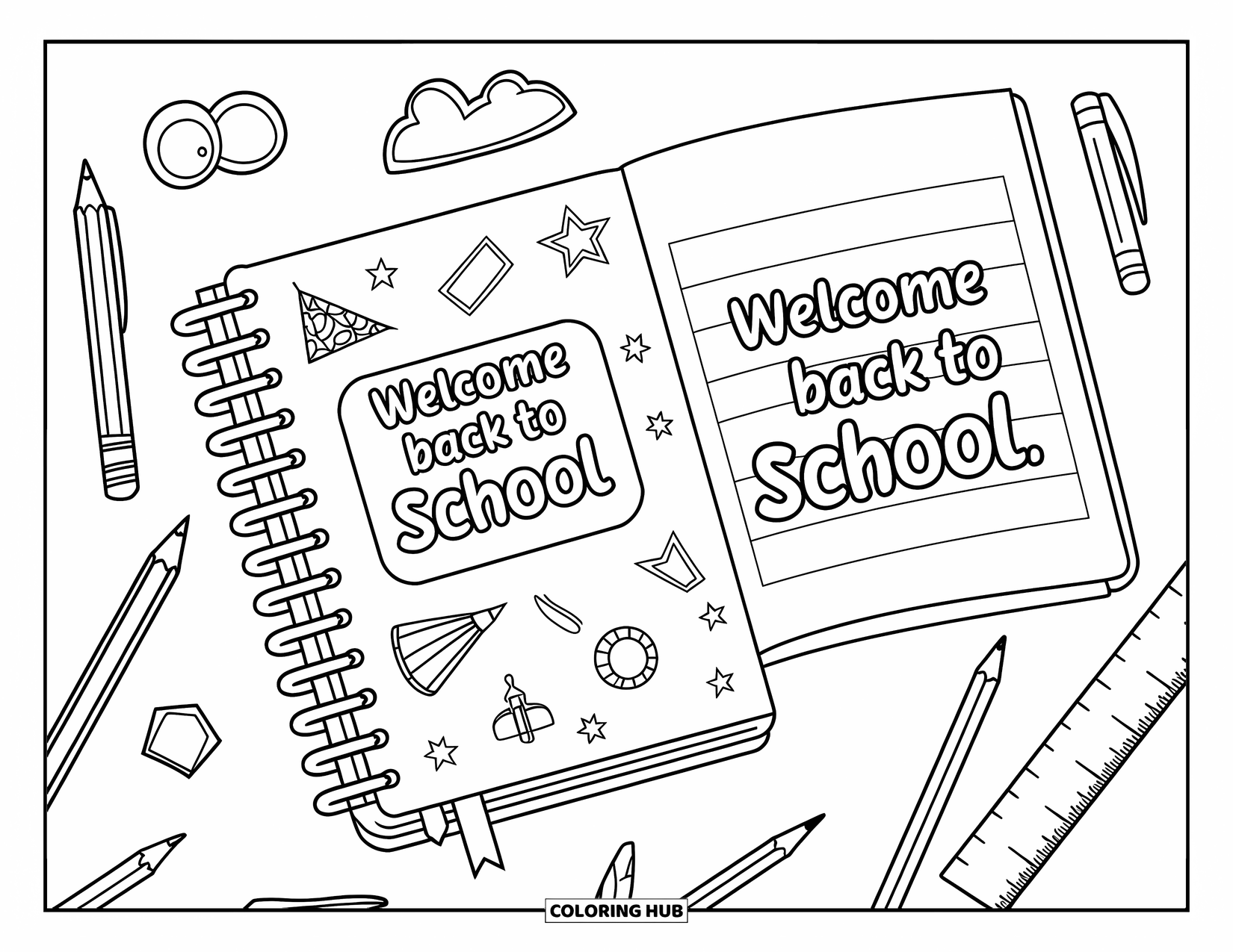 Welcome Back To School Coloring Page for Kids: Open notebook with pencils, ruler, and "Welcome Back to School" text