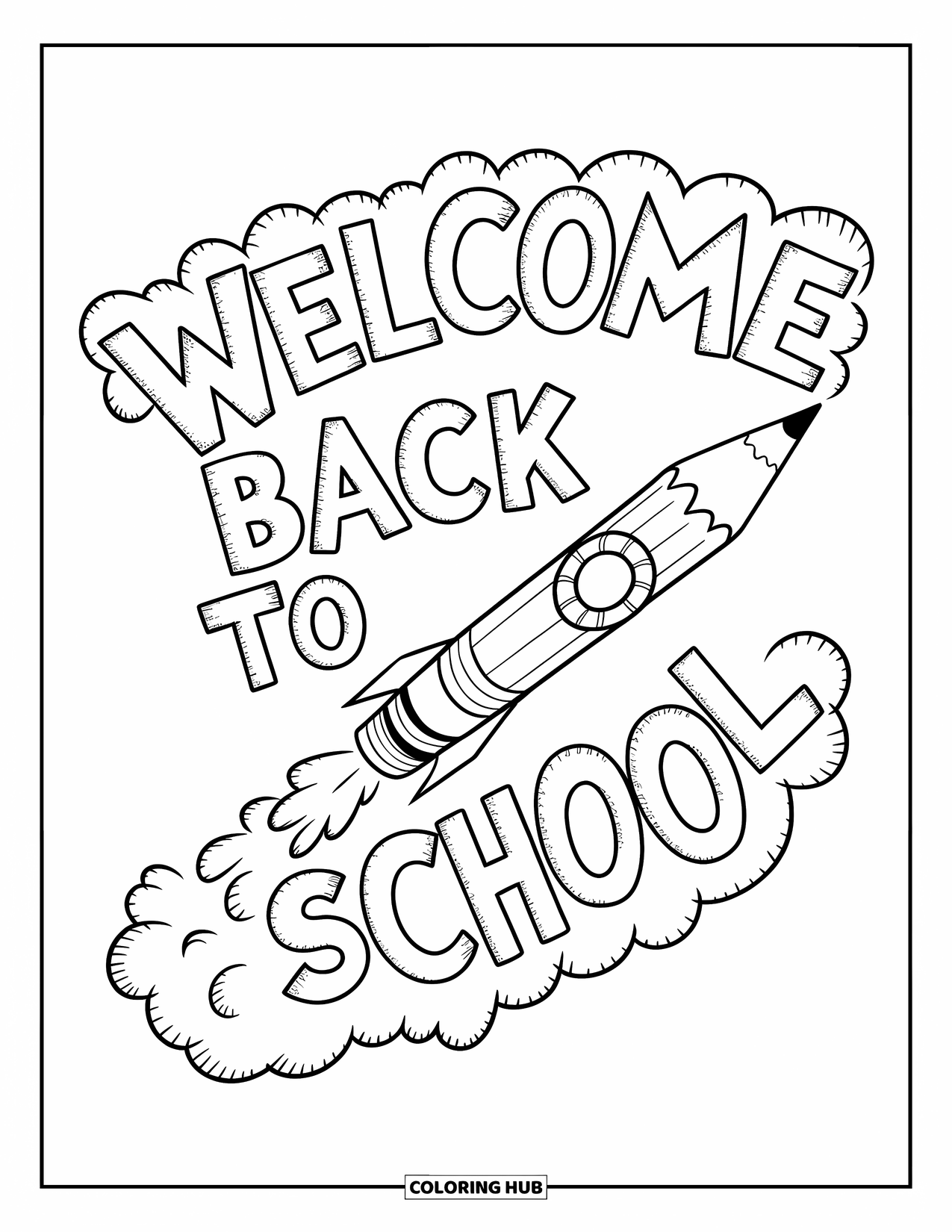 Welcome Back To School Coloring Page for Kids: Pencil rocket with smoke spelling "Welcome Back to School"