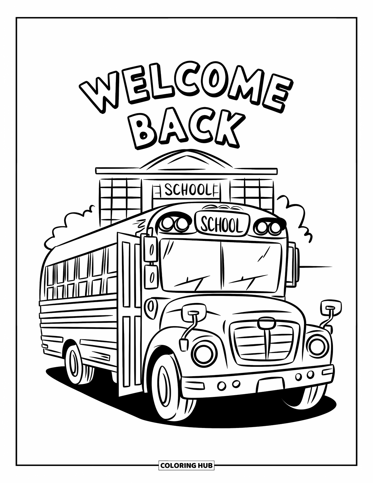 Welcome Back To School Coloring Page for Kids: Playful school bus at entrance with "Welcome Back" sign