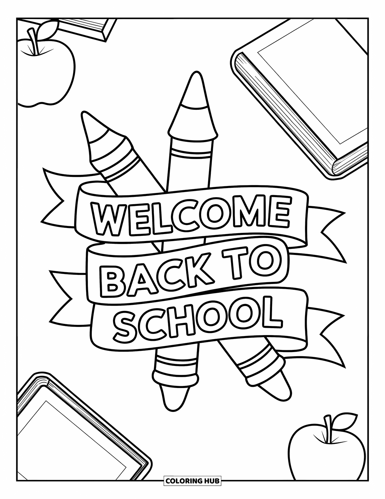 Welcome Back To School Coloring Page for Kids: Ribbon with apples, books, and "Welcome Back to School"