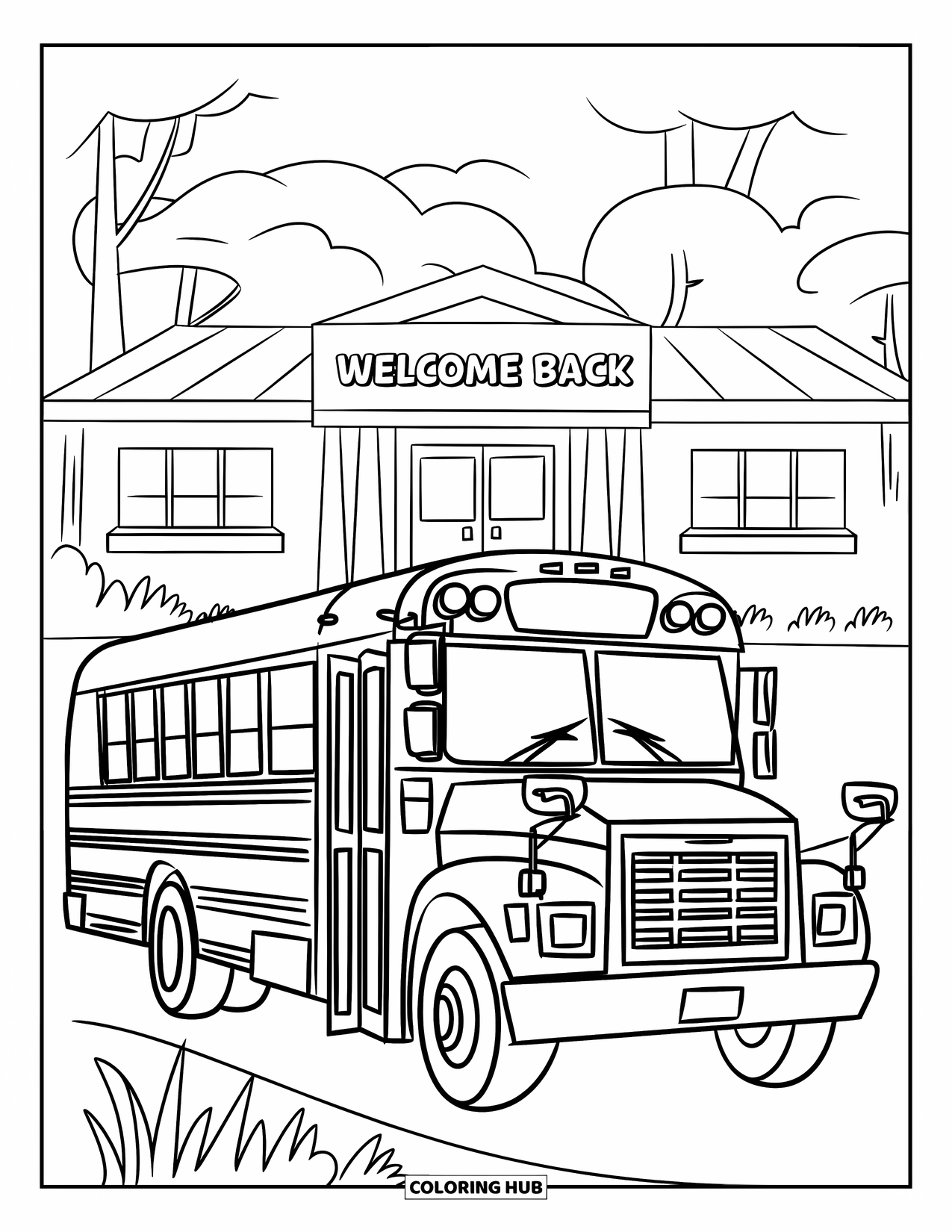 Welcome Back To School Coloring Page for Kids: School bus and building with "Welcome Back" sign above