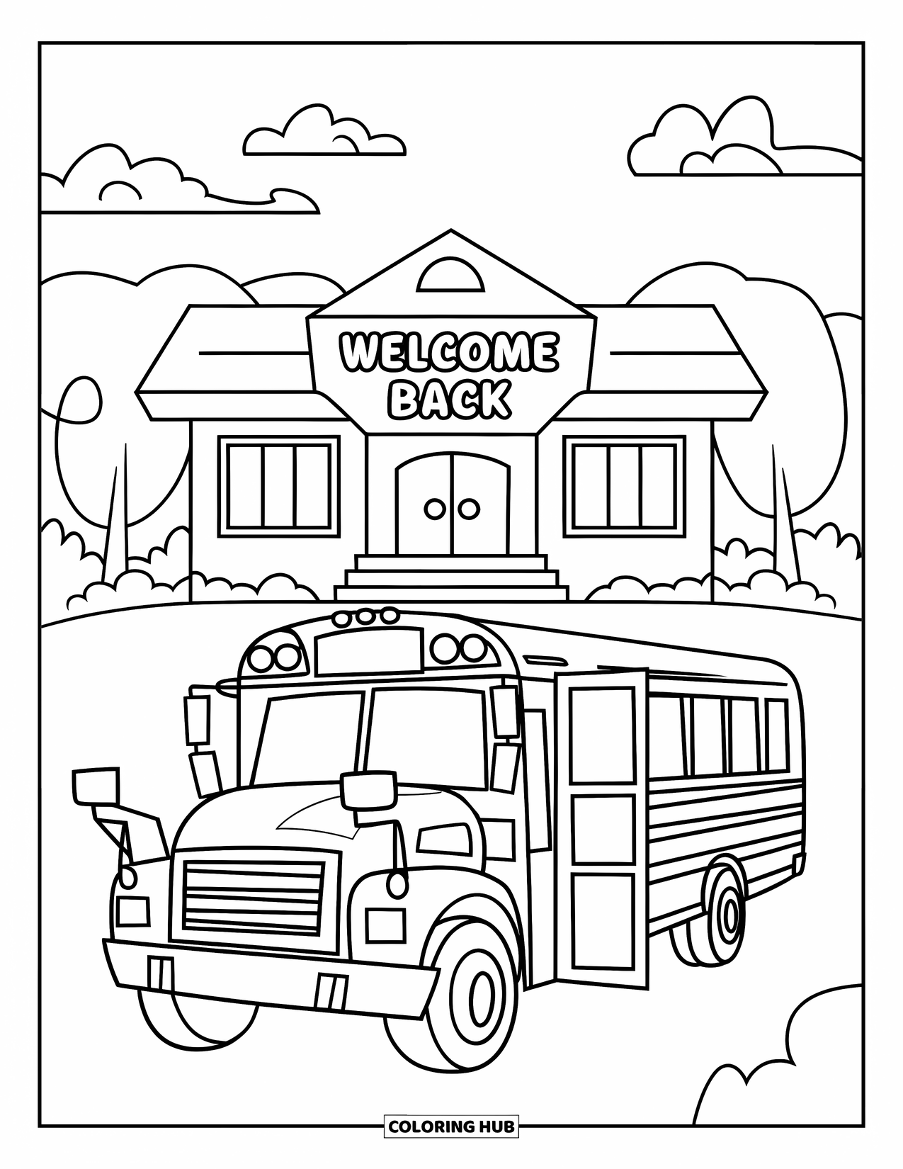 Welcome Back To School Coloring Page for Kids: School bus by building with trees and "Welcome Back" sign