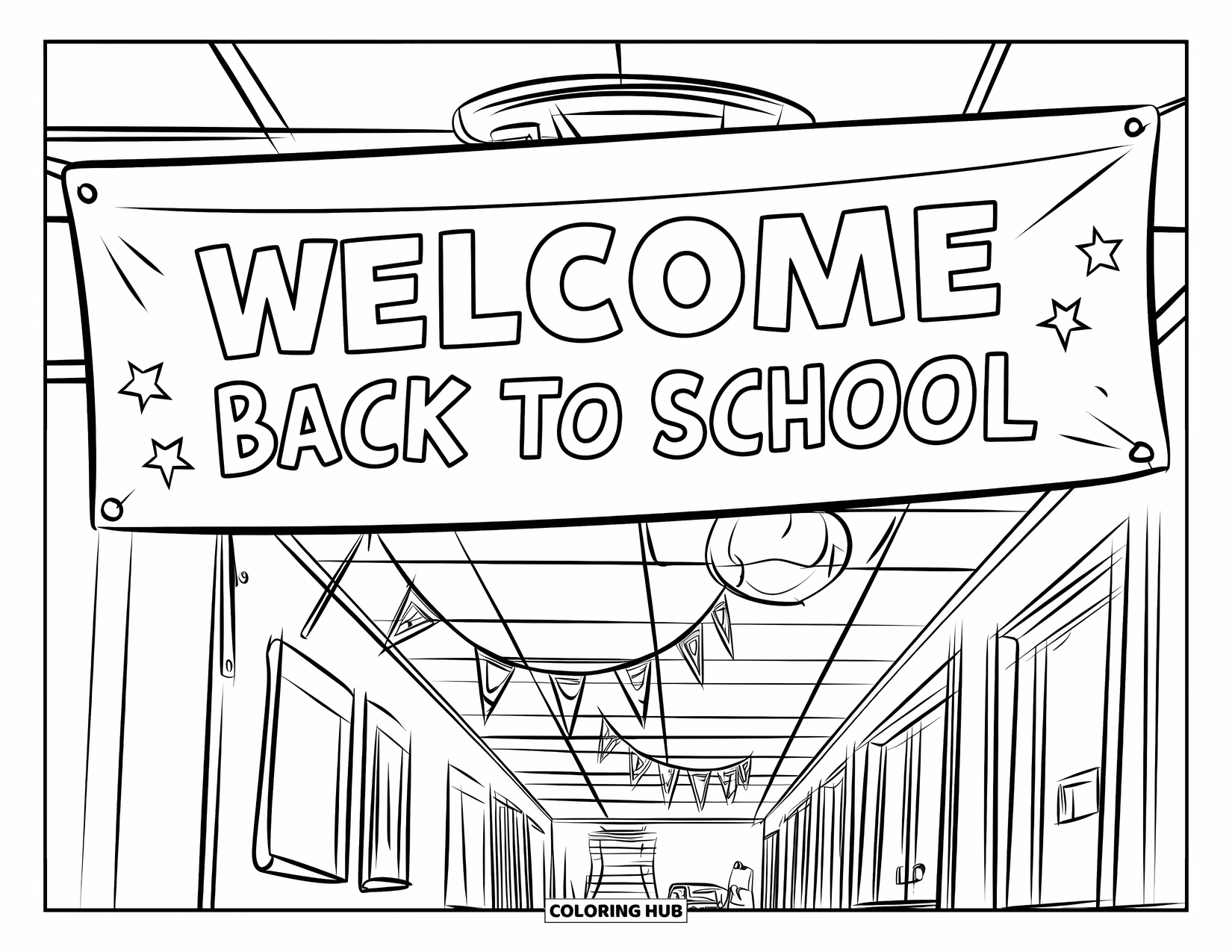 Welcome Back To School Coloring Page for Kids: School hallway with banner and hanging decorations