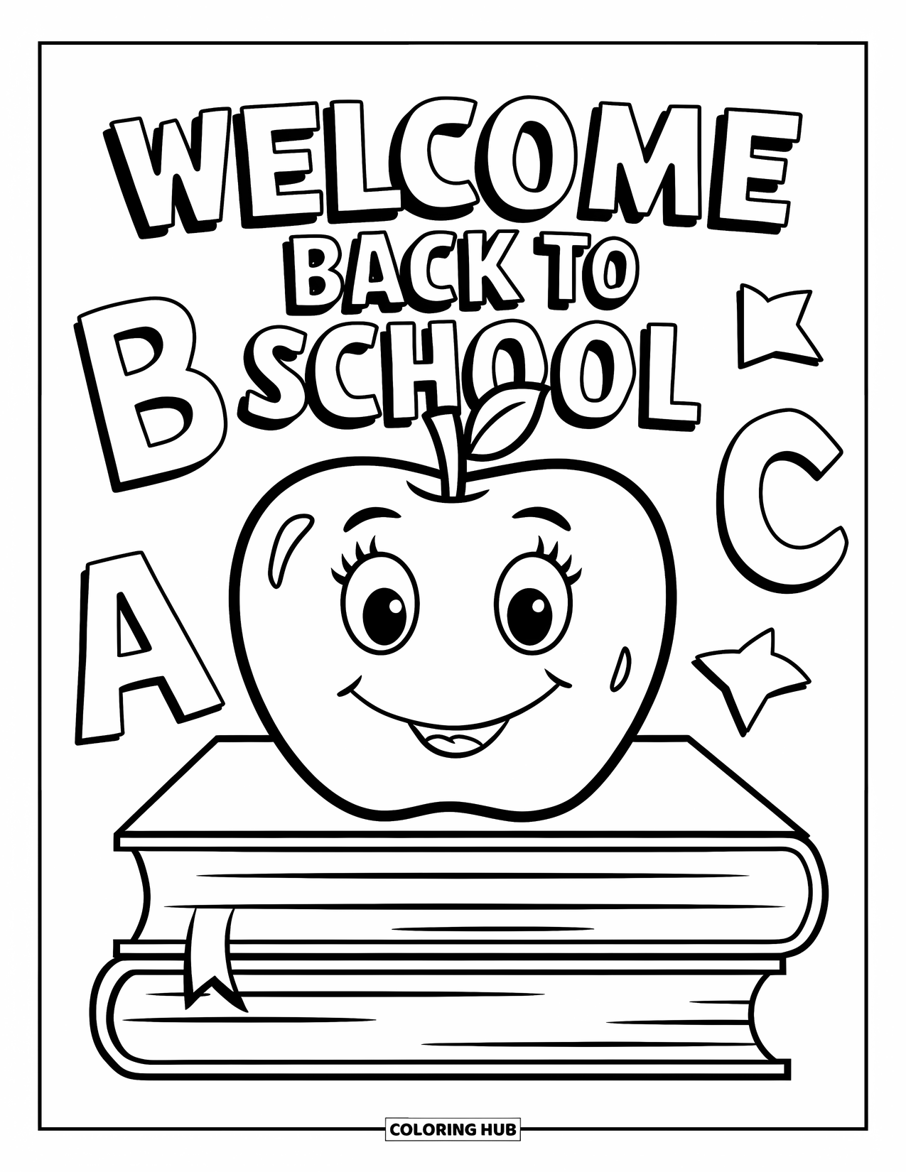 Welcome Back To School Coloring Page for Kids: Smiling apple on books with floating "ABC" and "Welcome Back"