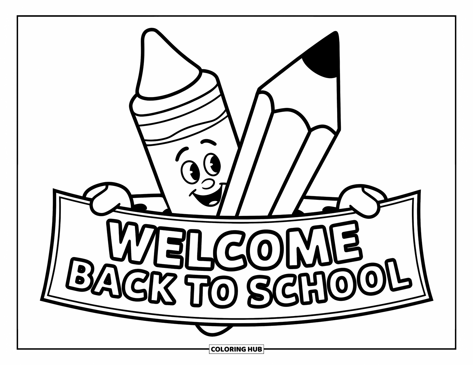 Welcome Back To School Coloring Page for Kids: Smiling crayon and pencil behind "Welcome Back to School" banner