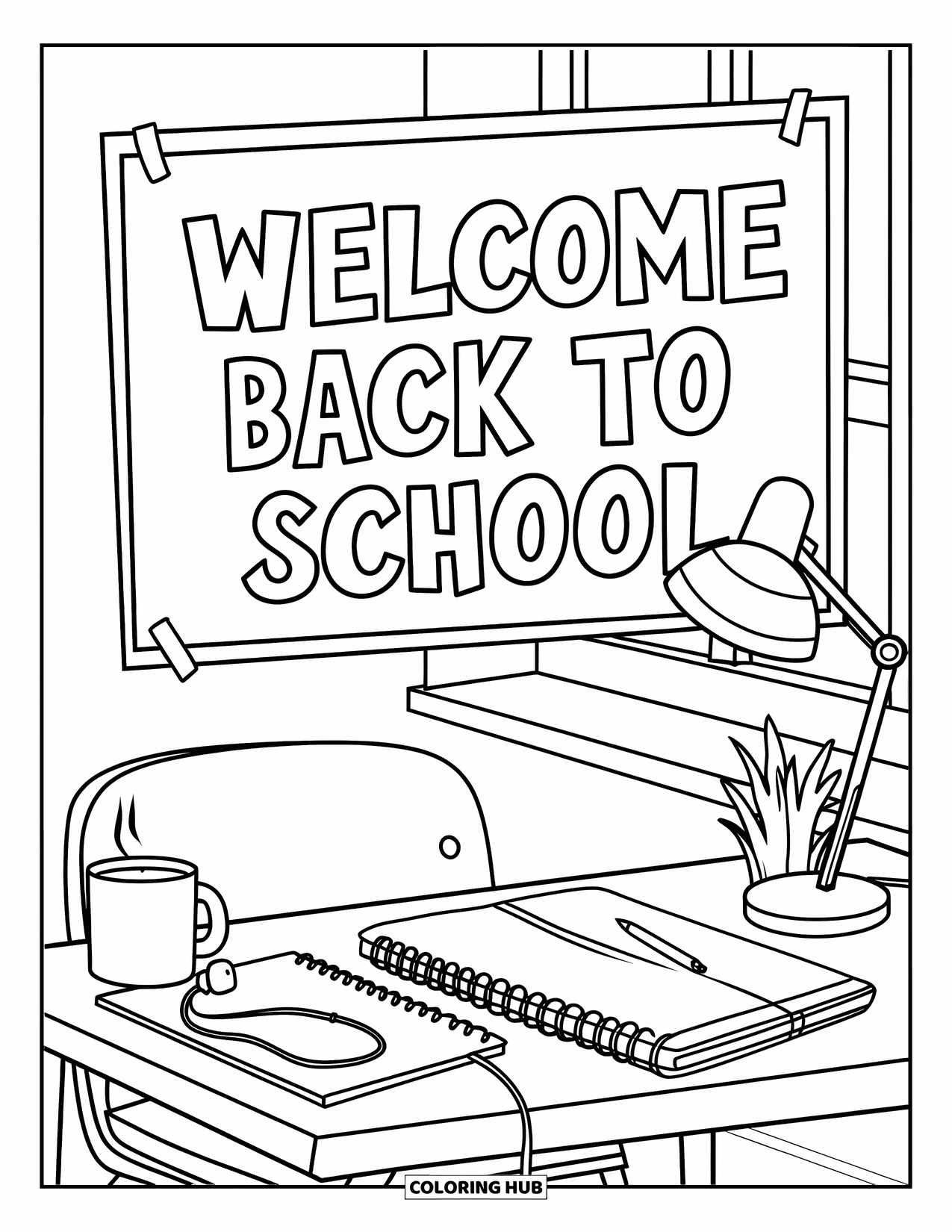 Welcome Back To School Coloring Page for Kids: Student desk with books, mug, and a "Welcome Back to School" card