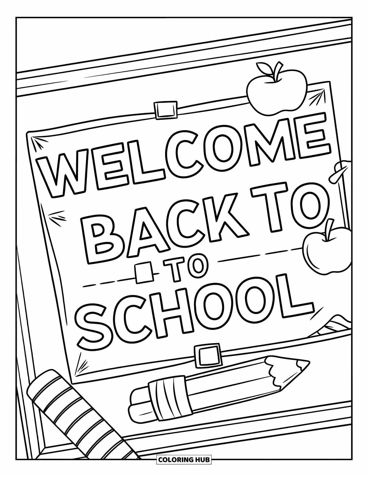 Welcome Back To School Coloring Page for Kids: Teacher's bulletin board with quotes and "Welcome Back to School"