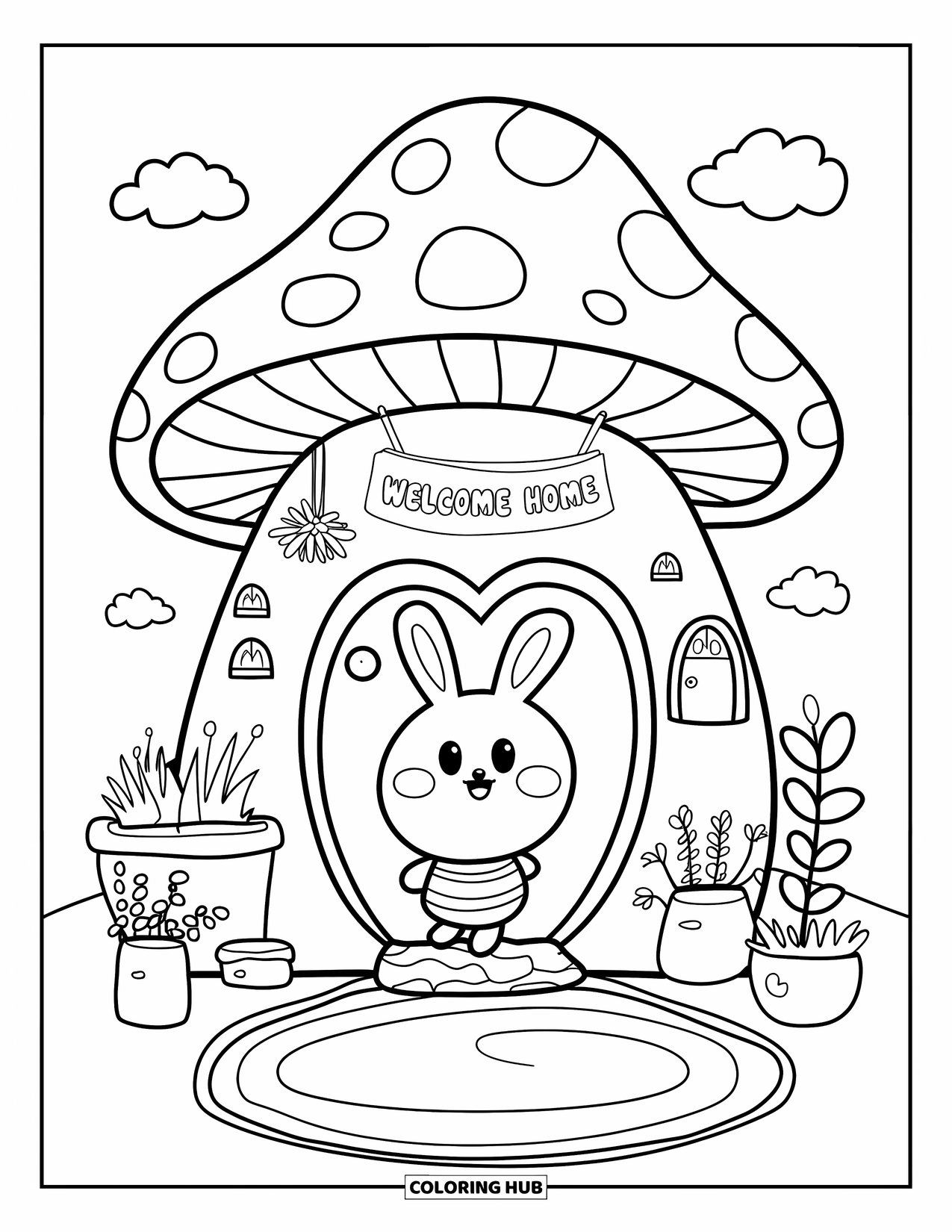 Welcome Home Coloring Page for Adults: Bunny at mushroom cottage door with potted plants and cozy "Welcome Home" sign