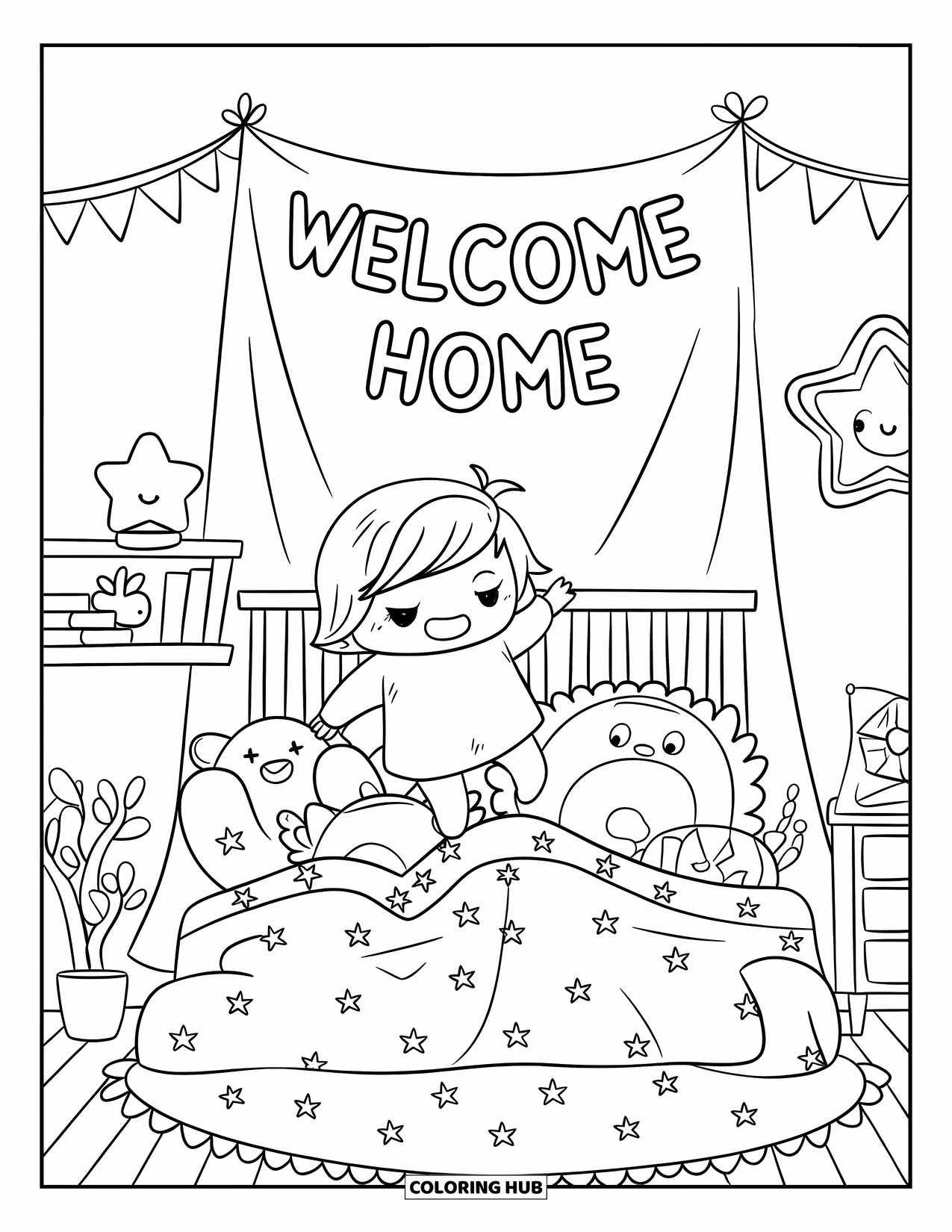 Welcome Home Coloring Page for Adults: Chibi child jumps onto bed with plush toys and "Welcome Home" flag above