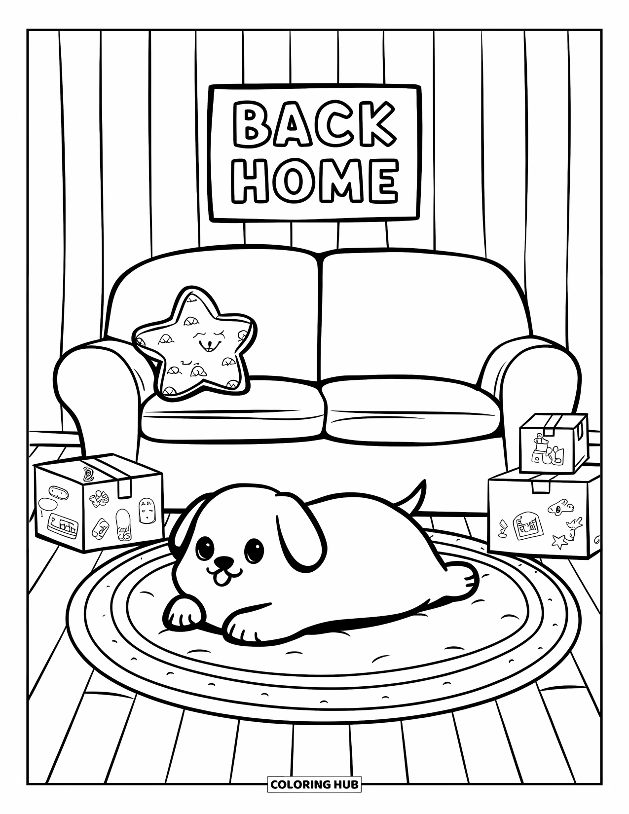 Welcome Home Coloring Page for Adults: Chubby puppy on round rug with boxes, star pillow, and "Back Home" sign