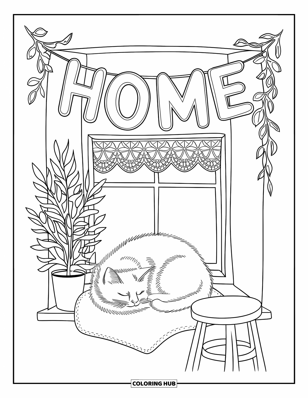 Welcome Home Coloring Page for Adults: Cozy window nook with cat, plant, stool, and gentle "Home" banner