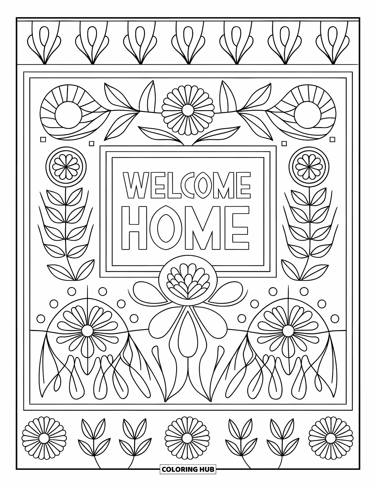 Welcome Home Coloring Page for Adults: Ethnic textile wall hanging with flowers, shapes, and a "Welcome Home" sign