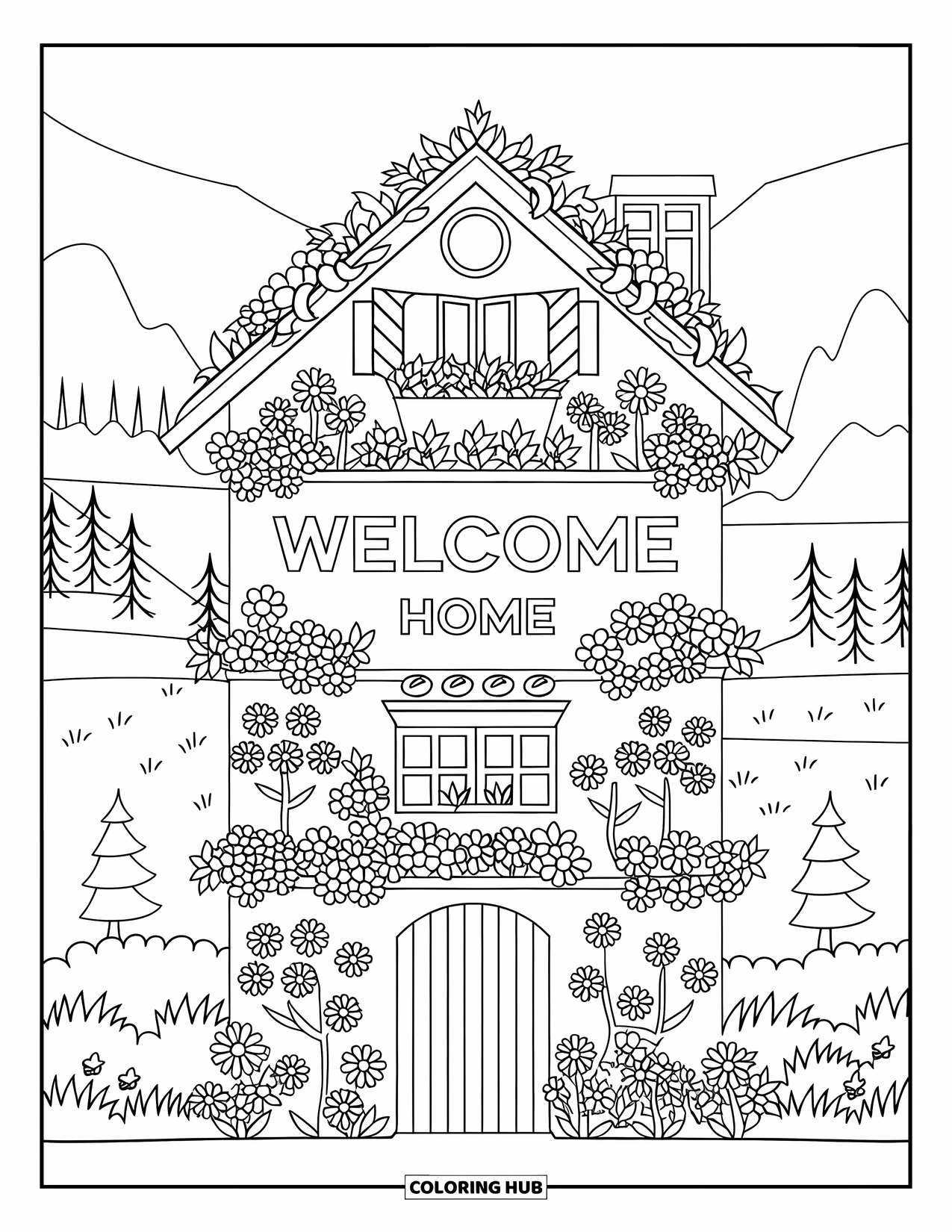 Welcome Home Coloring Page for Adults: Garden wall shaped like house with flowers, gate, and "Welcome Home" sign