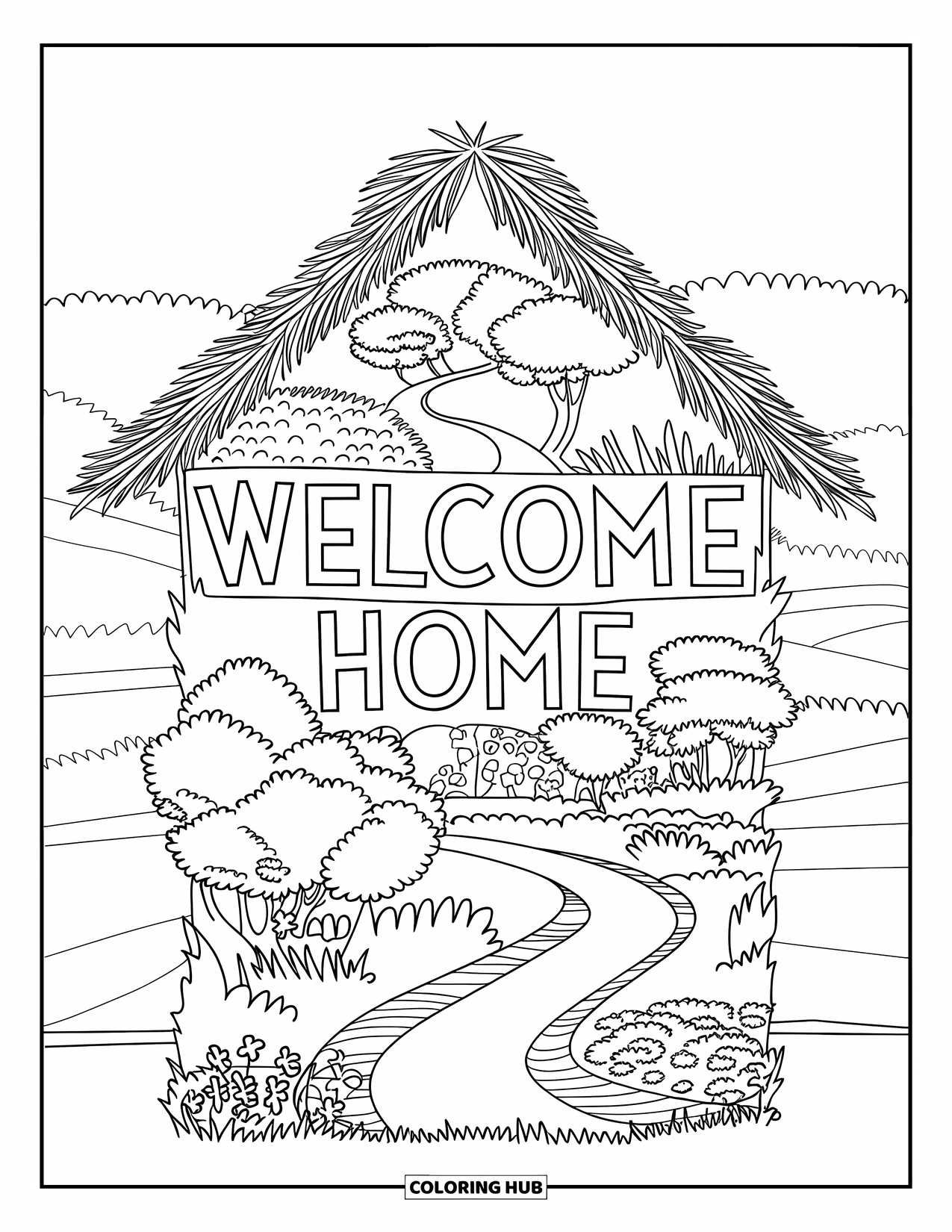 Welcome Home Coloring Page for Adults: House-shaped garden wall with winding path and sweet "Welcome Home" phrase