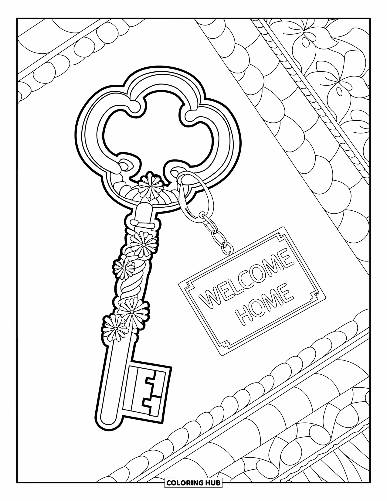 Welcome Home Coloring Page for Adults: Intricate key with floral handle and small "Welcome Home" sign hanging