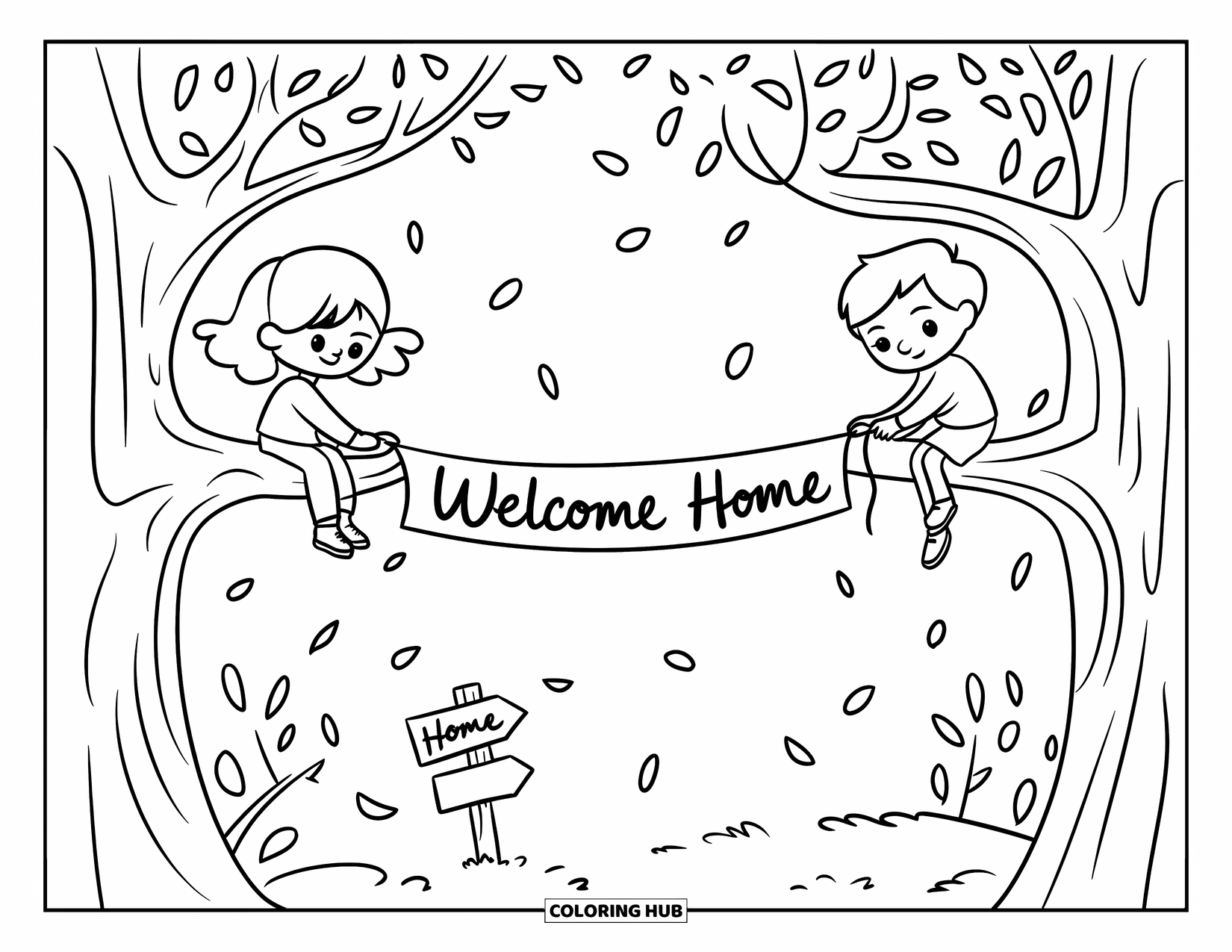 Welcome Home Coloring Page for Adults: Kids perched on branch tying "Welcome Home" ribbon with petals drifting down