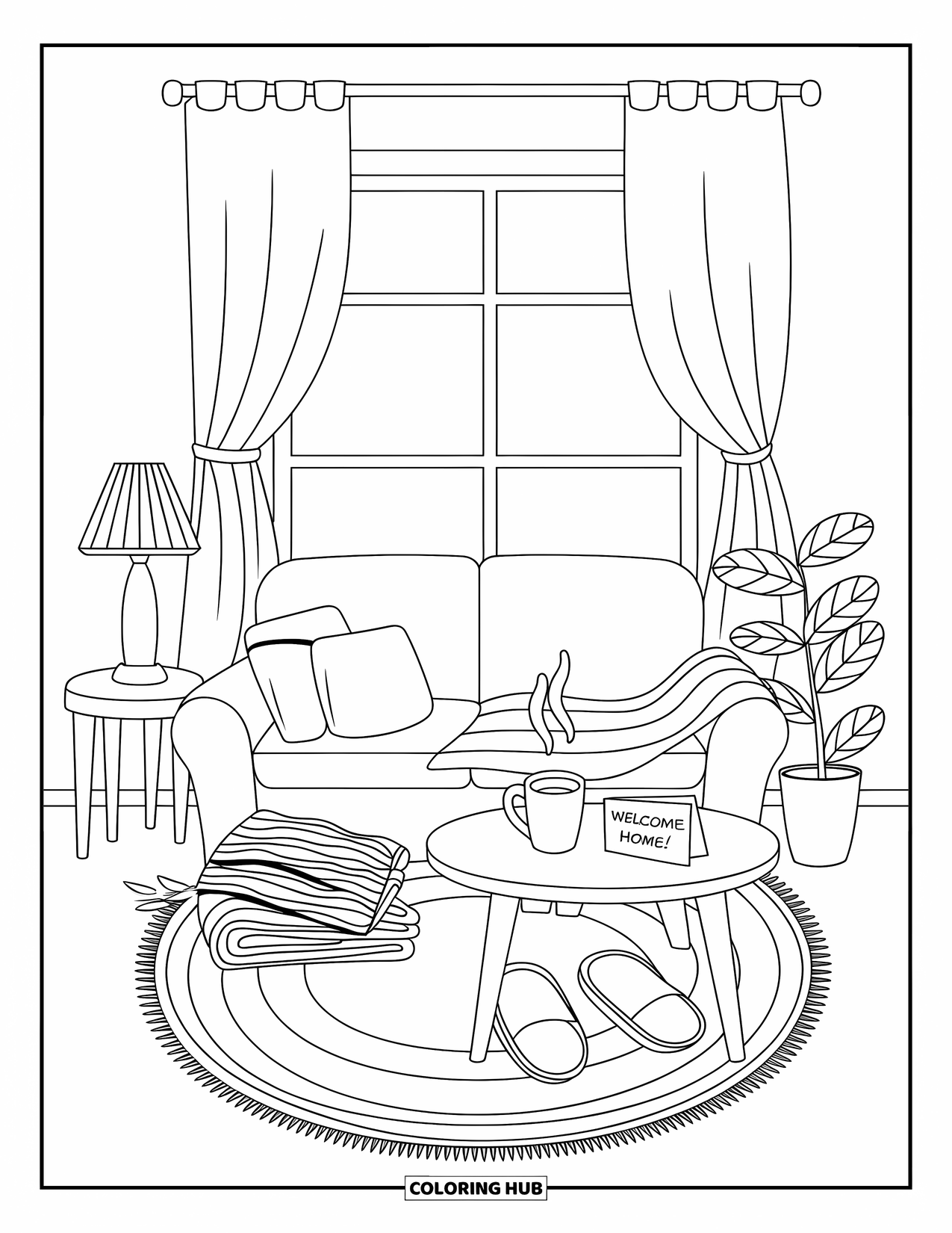 Welcome Home Coloring Page for Adults: Living room with couch, rug, steaming mug, and cheerful "Welcome Home!" card