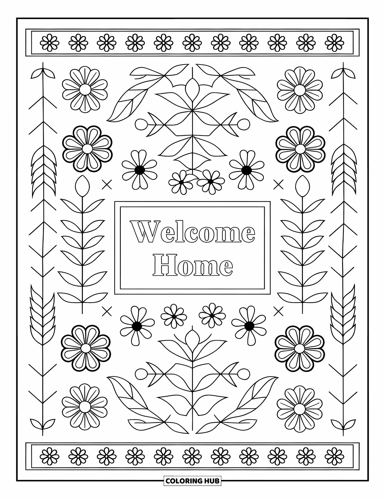 Welcome Home Coloring Page for Adults: Patterned wall hanging with ethnic motifs and centered "Welcome Home" sign