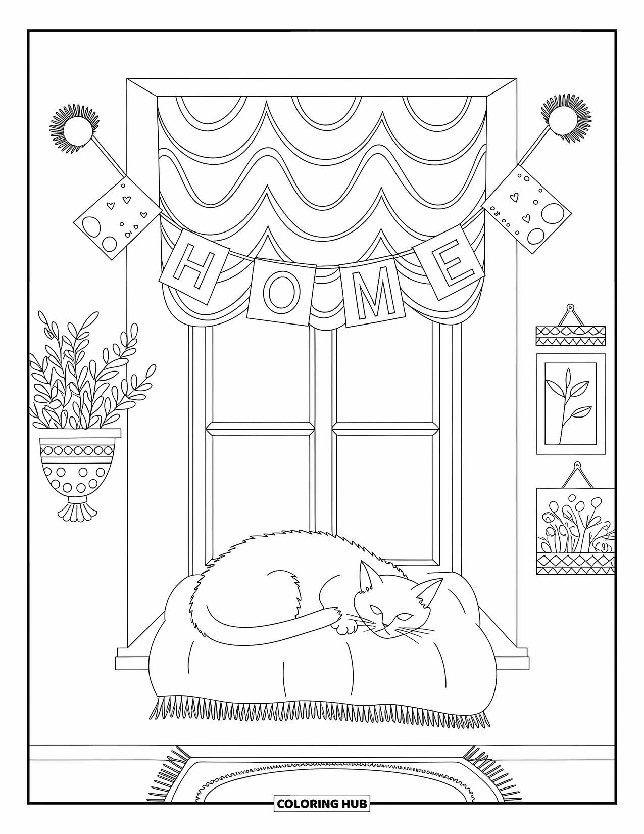 Welcome Home Coloring Page for Adults: Peaceful window nook with cat, patterned curtain, and soft "Home" banner