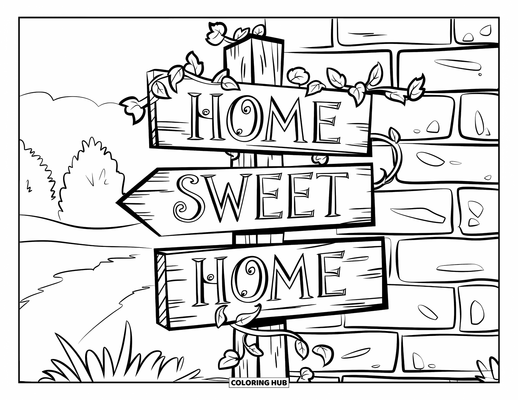 Welcome Home Coloring Page for Adults: Signpost with "Home Sweet Home" and ivy mounted on brick wall with trees