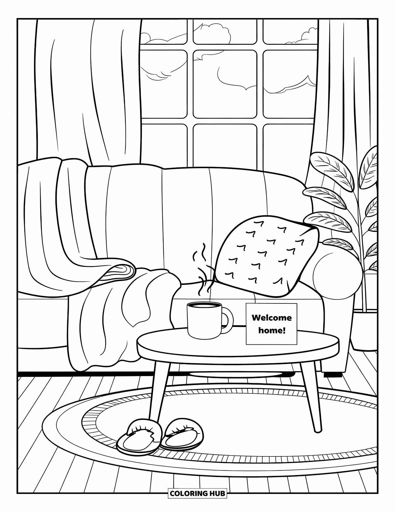 Welcome Home Coloring Page for Adults: Sofa with blankets, steaming mug, slippers, and warm "Welcome Home!" card
